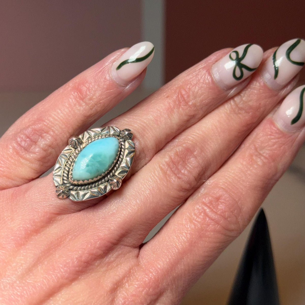 Marquise Larimar Ring, Sterling Silver 925, Natural Caribbean Gemstone, Statement Jewelry (size 6)