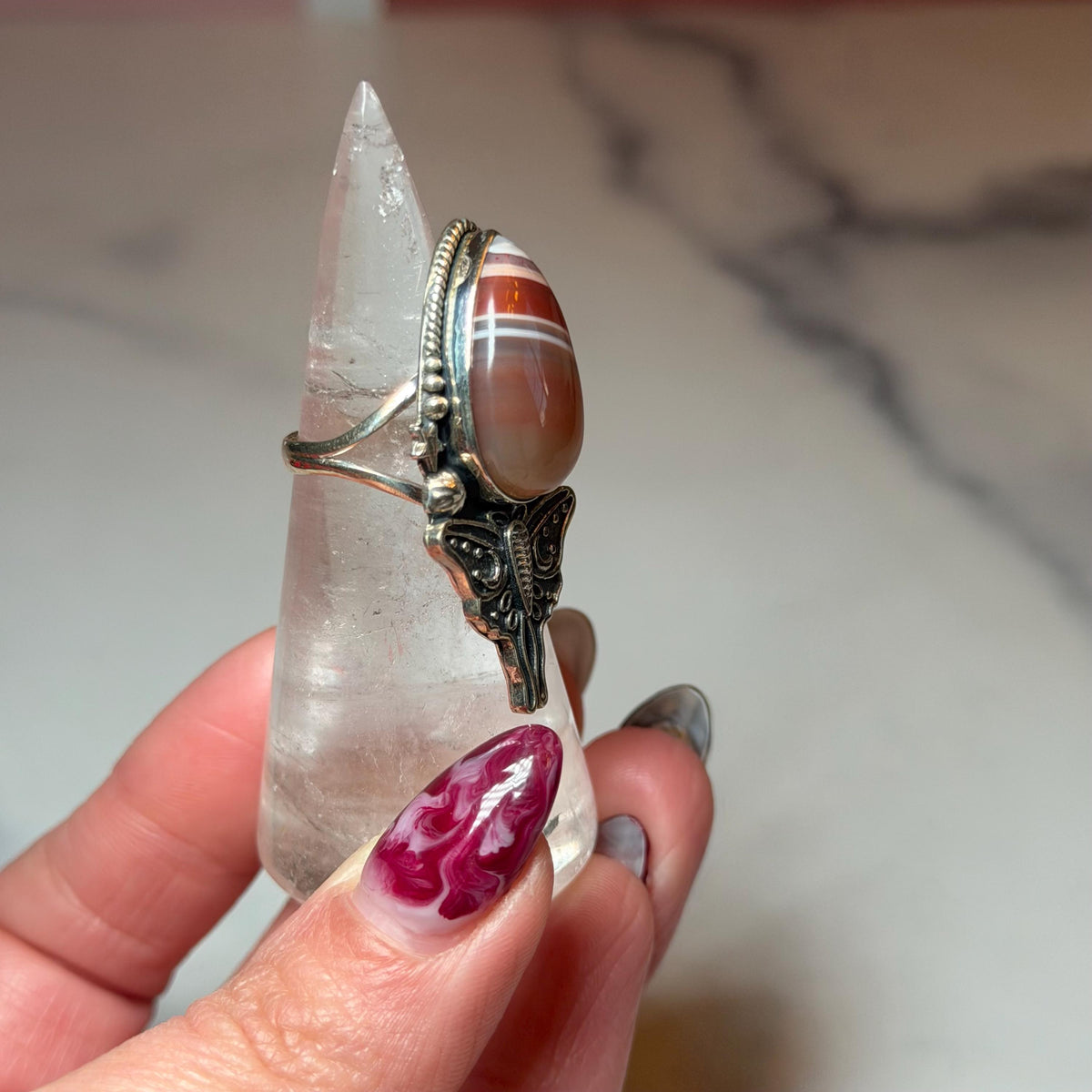 Botswana Agate Luna Moth Ring • Sterling Silver • Celestial Boho Statement Jewelry (size 7)