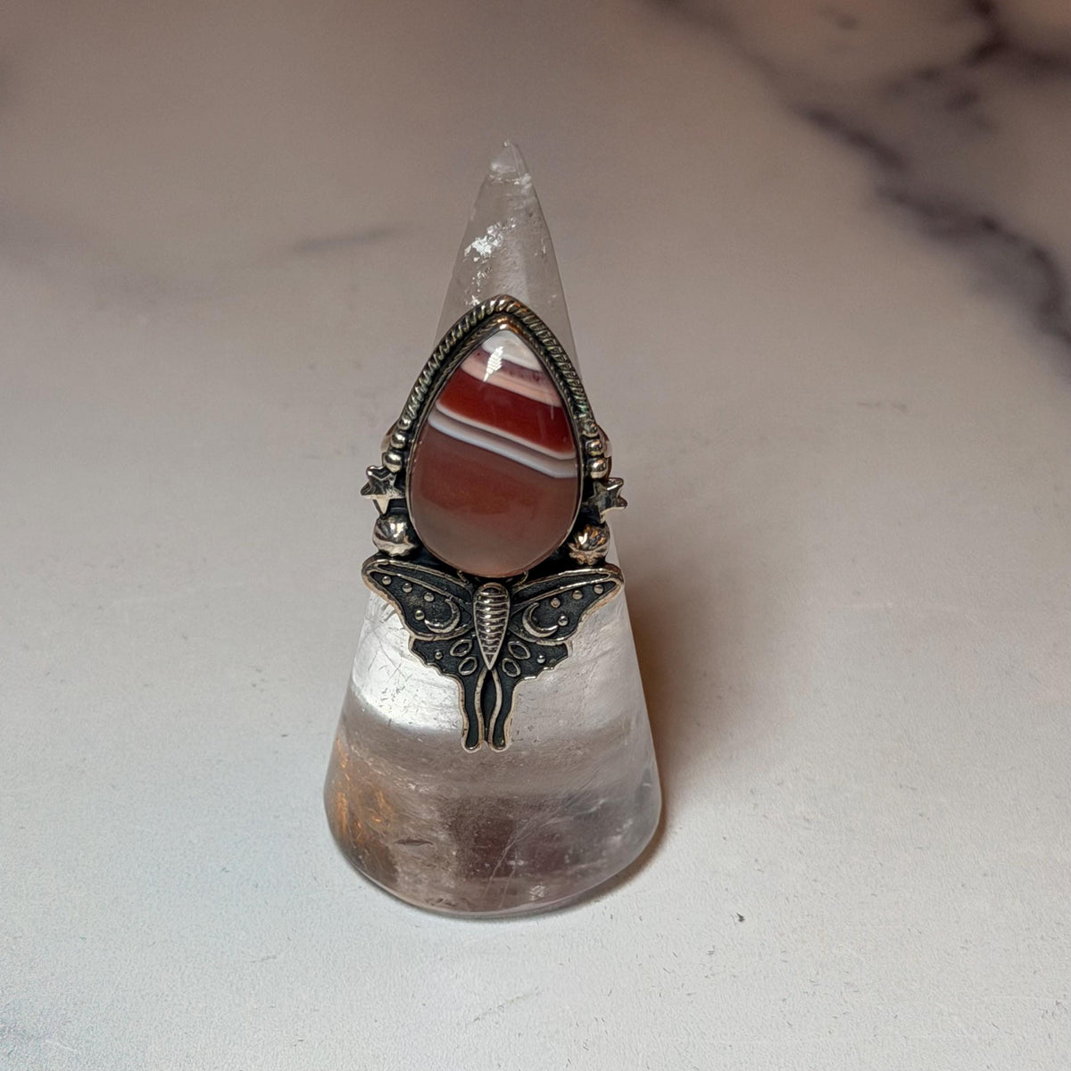 Botswana Agate Luna Moth Ring • Sterling Silver • Celestial Boho Statement Jewelry (size 7)