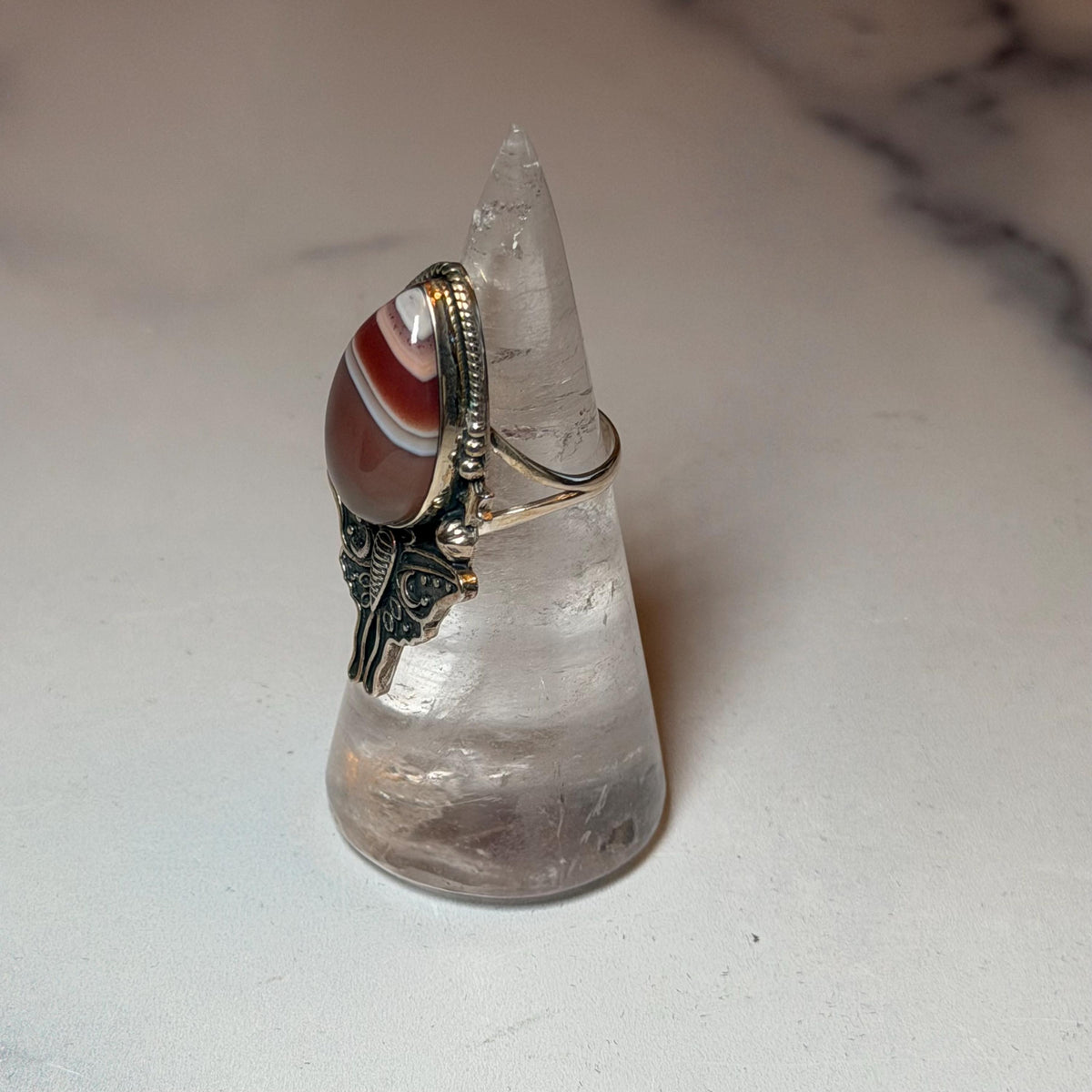 Botswana Agate Luna Moth Ring • Sterling Silver • Celestial Boho Statement Jewelry (size 7)