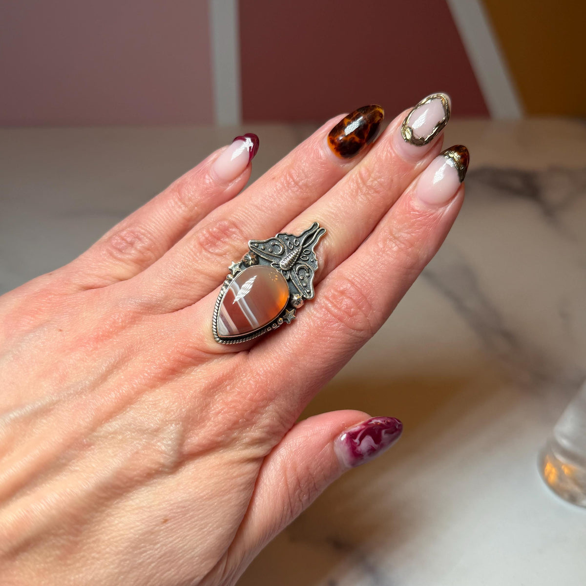 Botswana Agate Luna Moth Ring • Sterling Silver • Celestial Boho Statement Jewelry (size 7)
