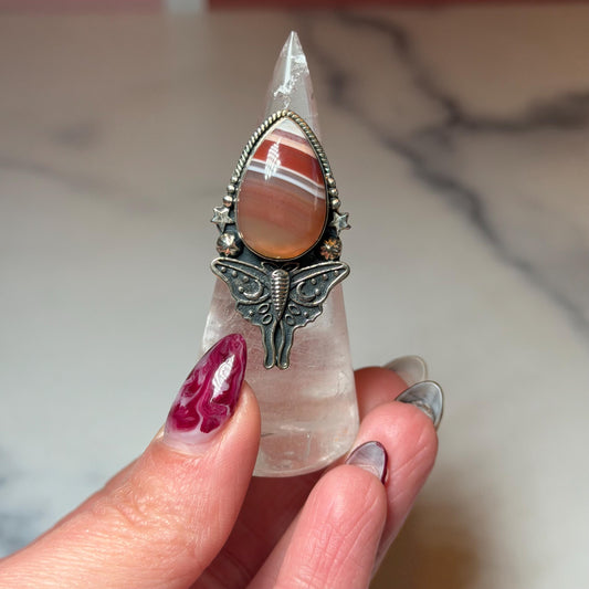 Botswana Agate Luna Moth Ring • Sterling Silver • Celestial Boho Statement Jewelry (size 7)
