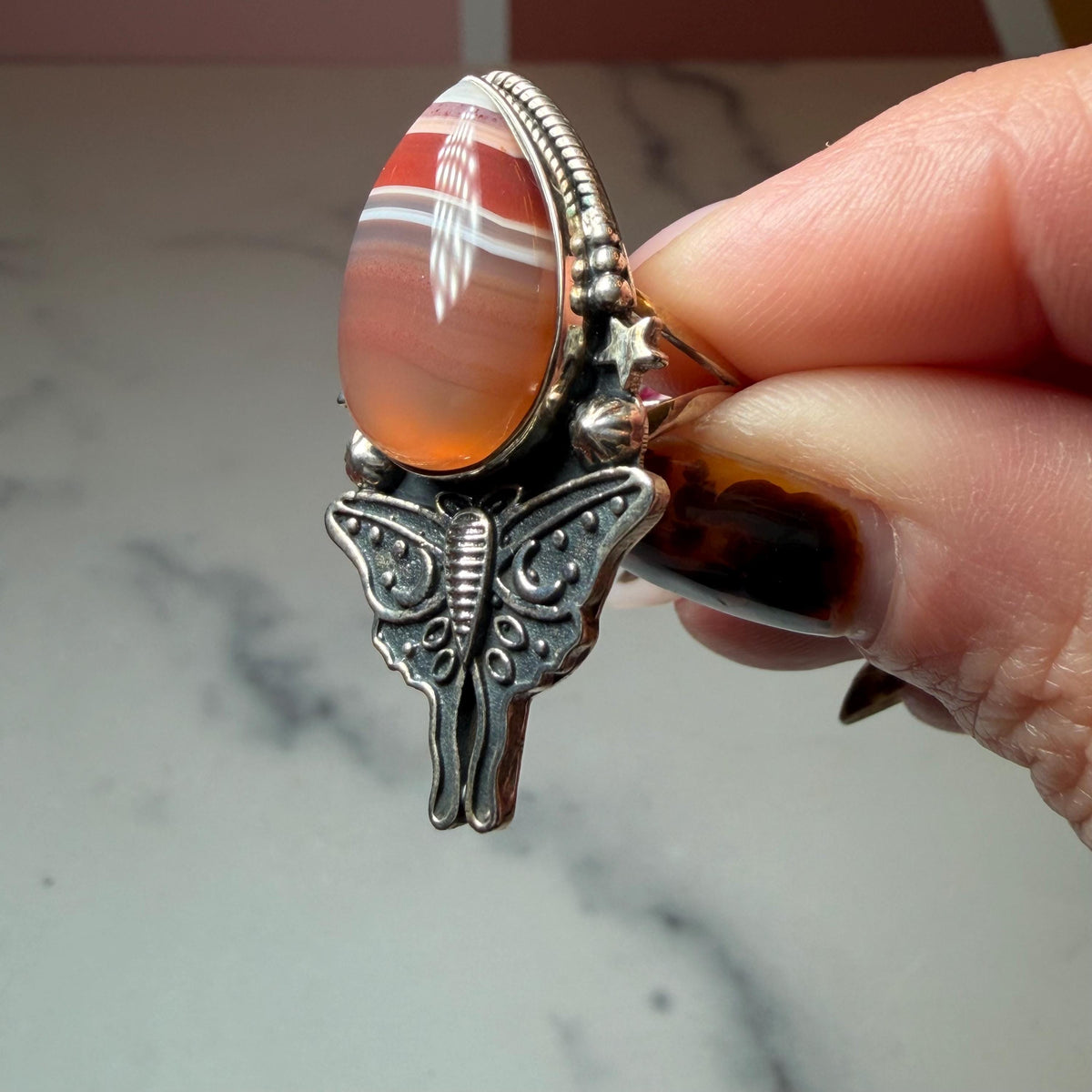 Botswana Agate Luna Moth Ring • Sterling Silver • Celestial Boho Statement Jewelry (size 7)