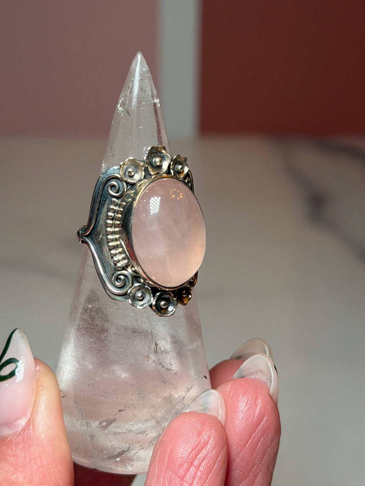 Rose Quartz Sterling Silver Floral Ring, Size 7, Romantic Gemstone Jewelry
