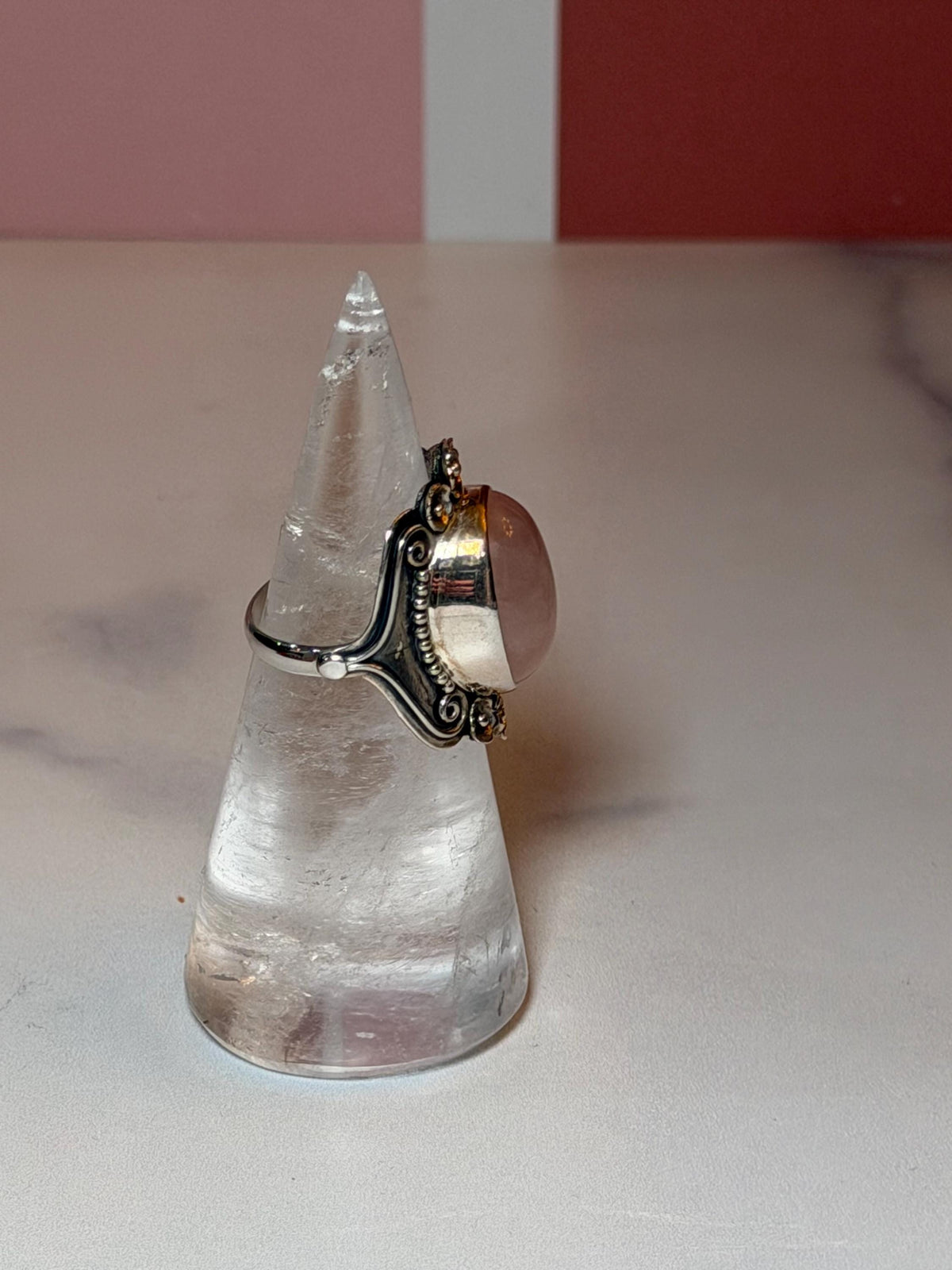Rose Quartz Sterling Silver Floral Ring, Size 7, Romantic Gemstone Jewelry