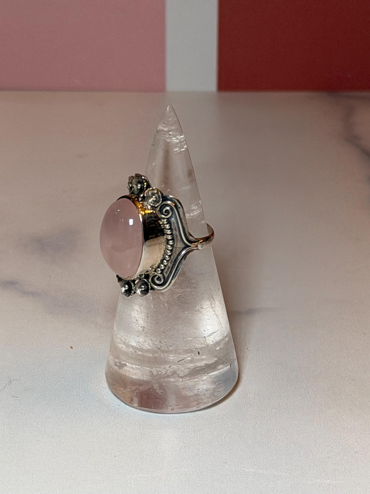 Rose Quartz Sterling Silver Floral Ring, Size 7, Romantic Gemstone Jewelry