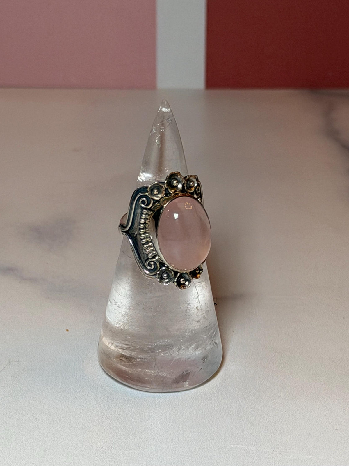 Rose Quartz Sterling Silver Floral Ring, Size 7, Romantic Gemstone Jewelry