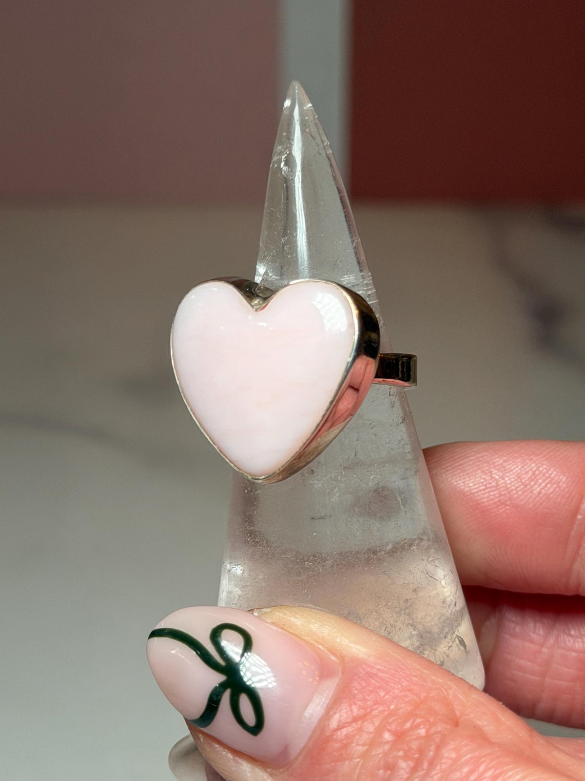 Pink Opal Heart Ring, Sterling Silver Adjustable Band, Romantic Gemstone Jewelry