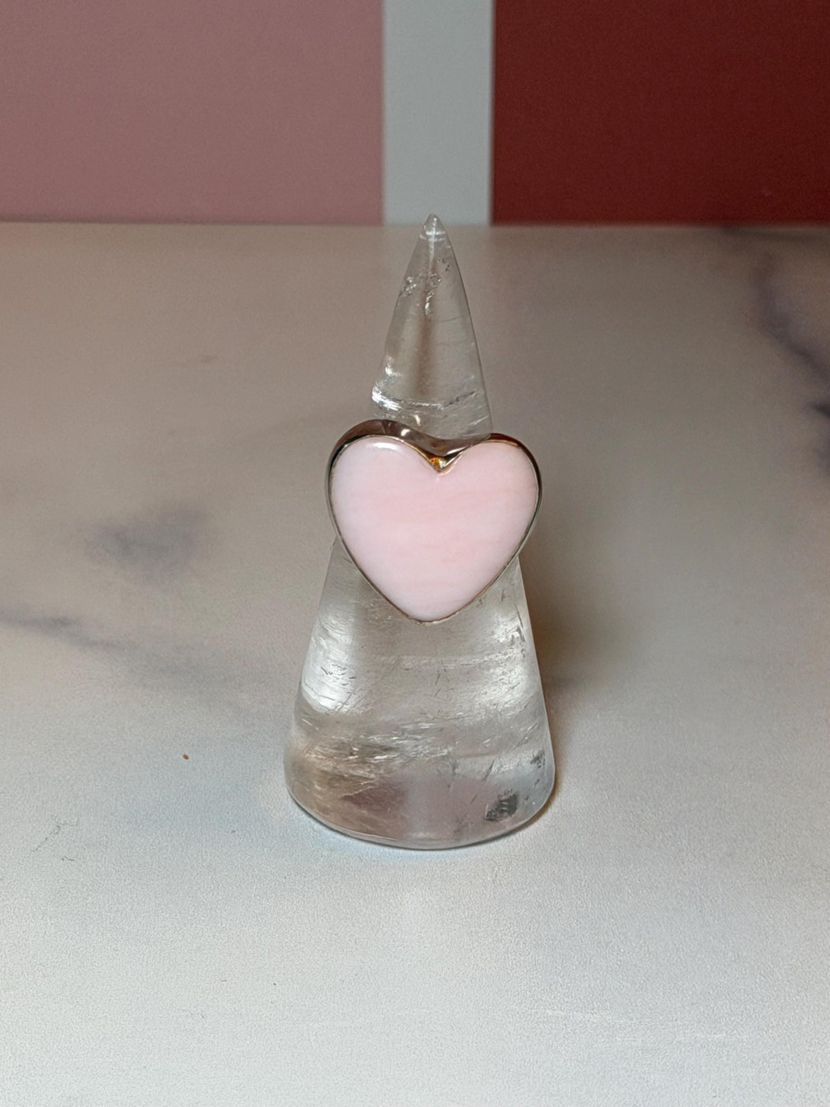 Pink Opal Heart Ring, Sterling Silver Adjustable Band, Romantic Gemstone Jewelry