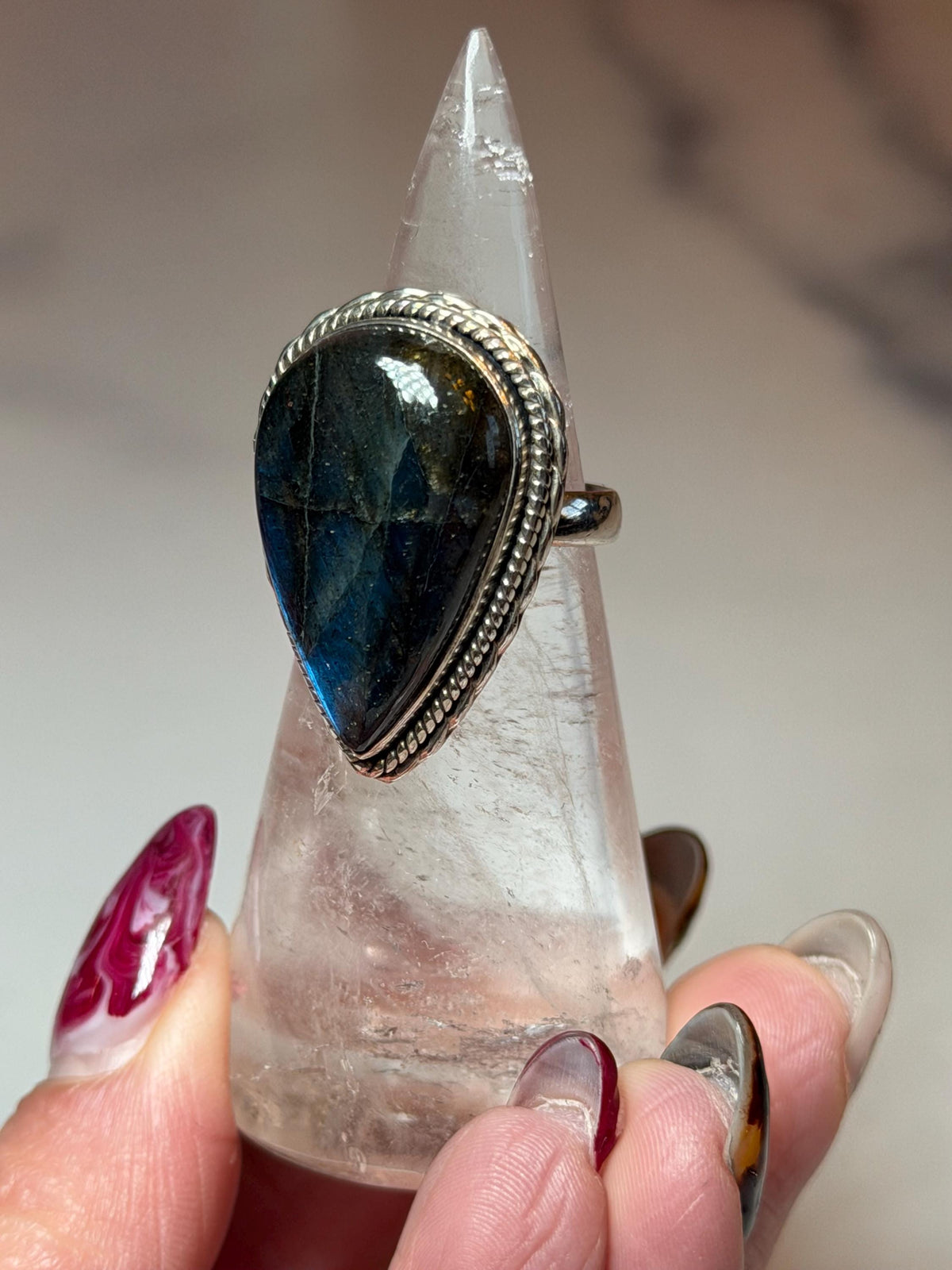 Blue Flash Labradorite Teardrop Ring • Sterling Silver • Boho Gemstone Jewelry (size 6)