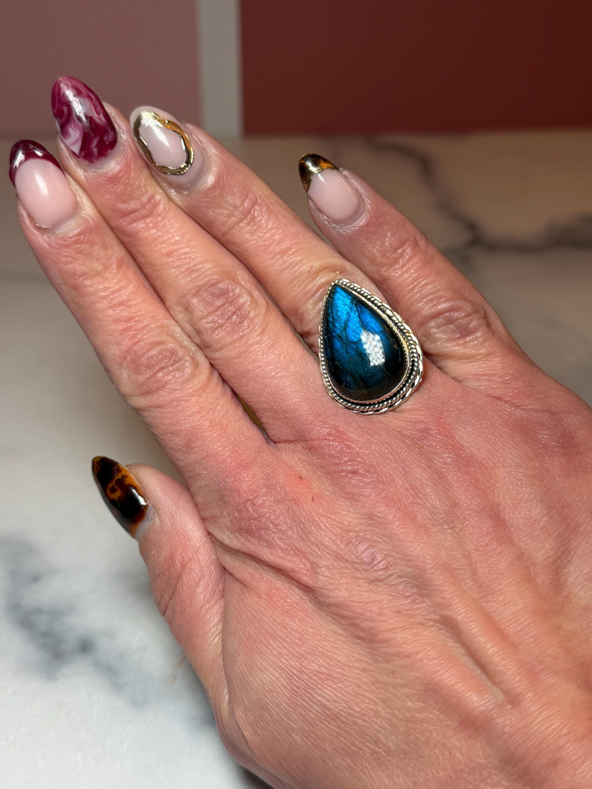 Blue Flash Labradorite Teardrop Ring • Sterling Silver • Boho Gemstone Jewelry (size 6)