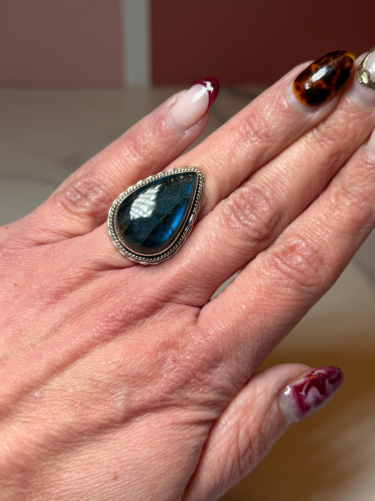 Blue Flash Labradorite Teardrop Ring • Sterling Silver • Boho Gemstone Jewelry (size 6)