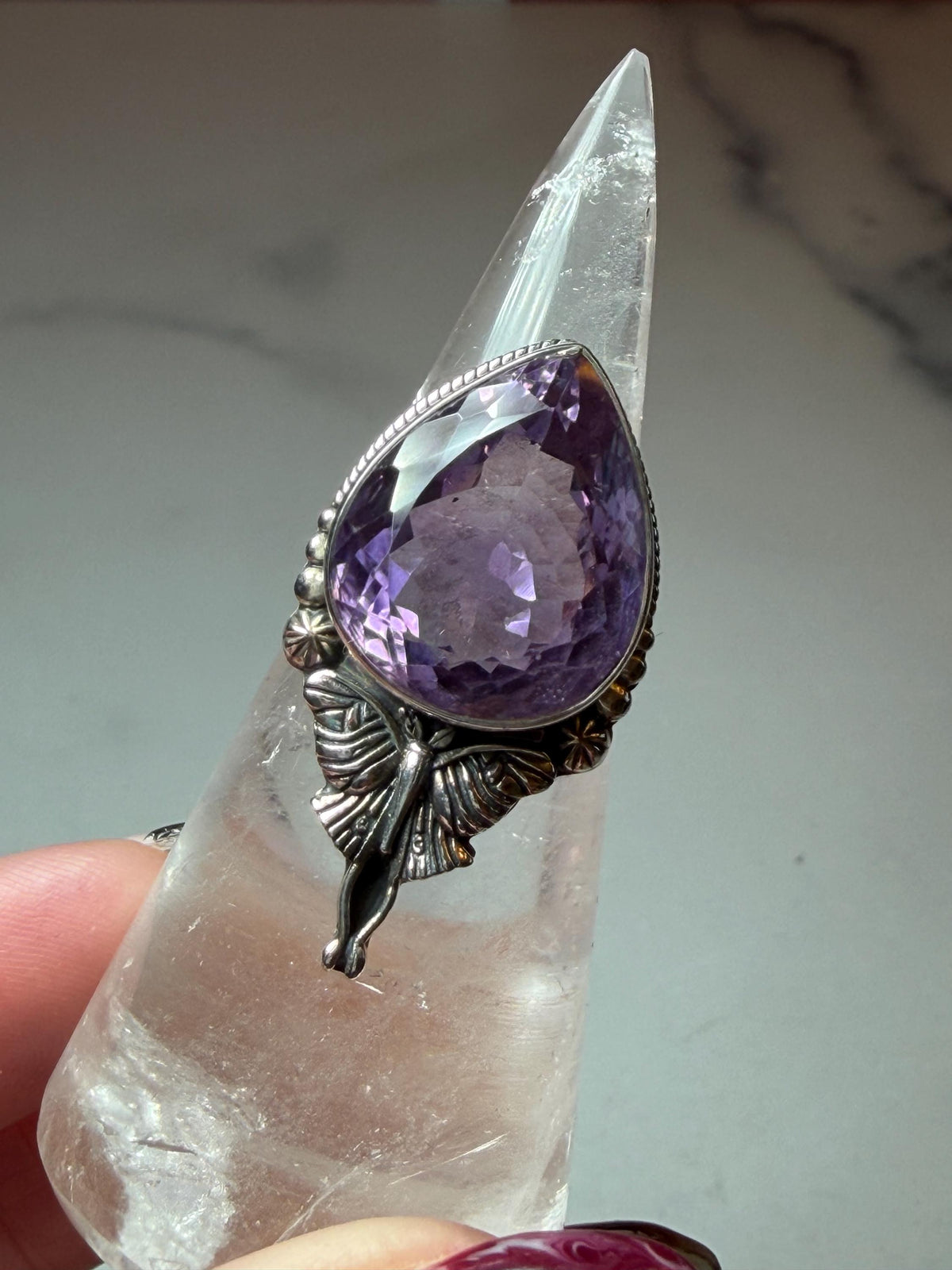 Faceted Amethyst Luna Moth Ring • Sterling Silver • Gothic Boho Crystal Statement Jewelry (size 7)