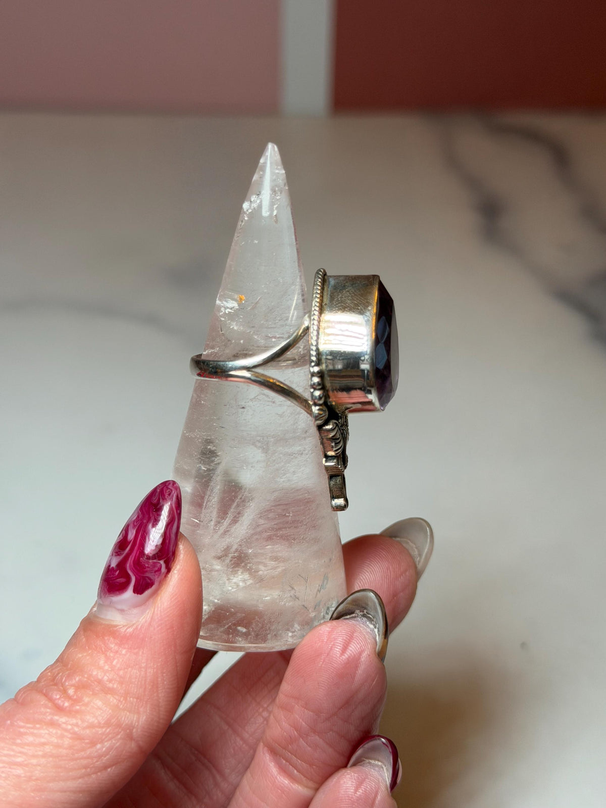 Faceted Amethyst Luna Moth Ring • Sterling Silver • Gothic Boho Crystal Statement Jewelry (size 7)