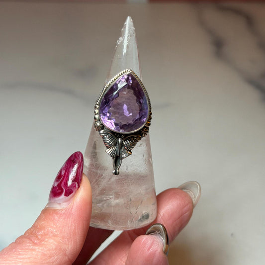 Faceted Amethyst Luna Moth Ring • Sterling Silver • Gothic Boho Crystal Statement Jewelry (size 7)