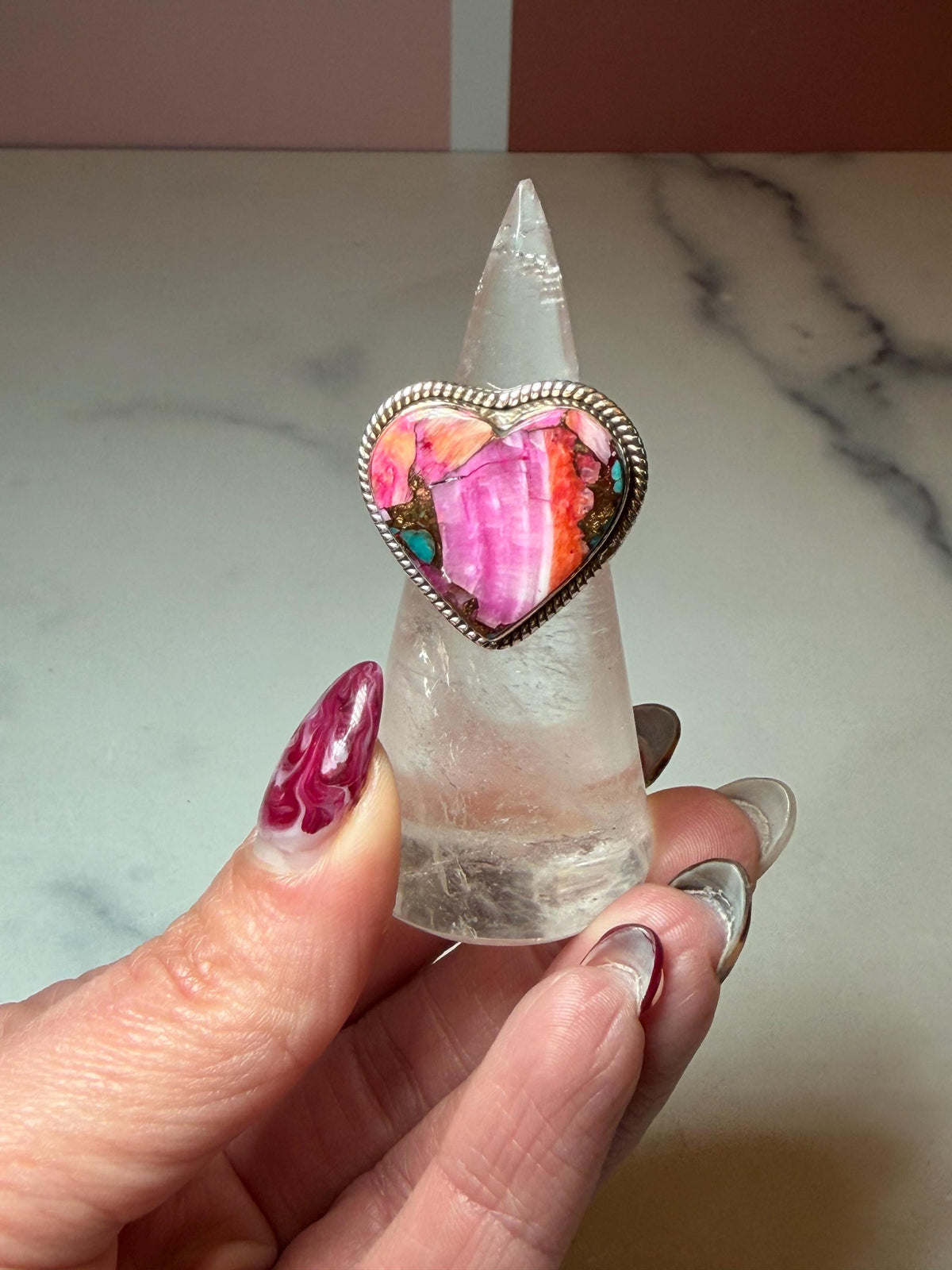 Pink Dahlia Heart Ring • Sterling Silver • Boho Gemstone Jewelry (size 7)