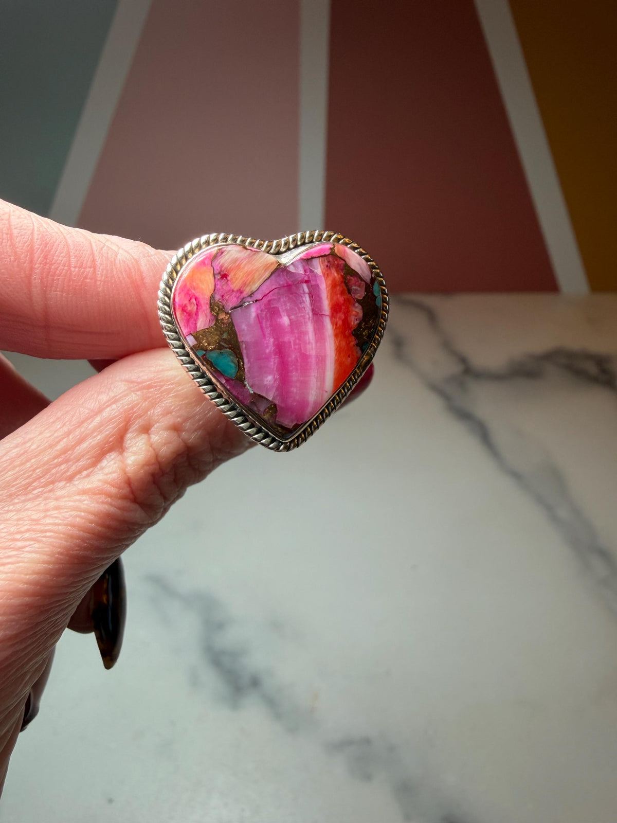 Pink Dahlia Heart Ring • Sterling Silver • Boho Gemstone Jewelry (size 7)