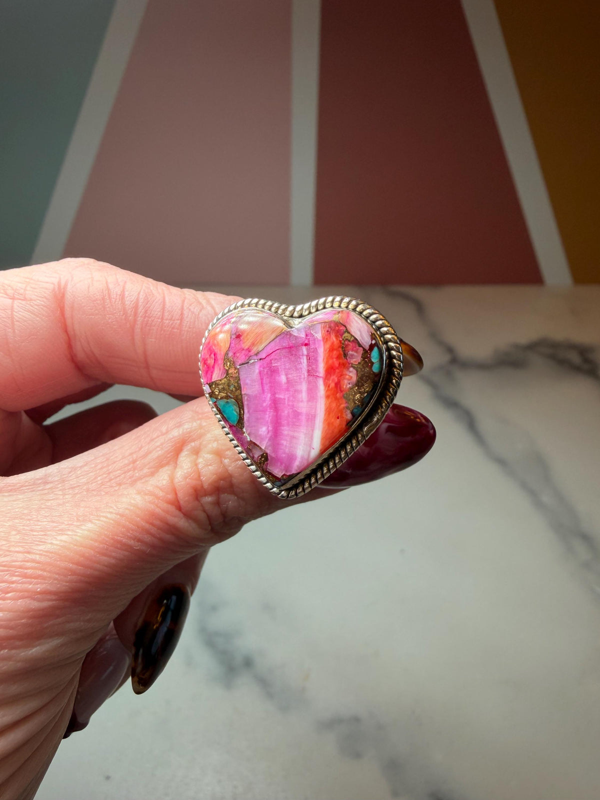 Pink Dahlia Heart Ring • Sterling Silver • Boho Gemstone Jewelry (size 7)