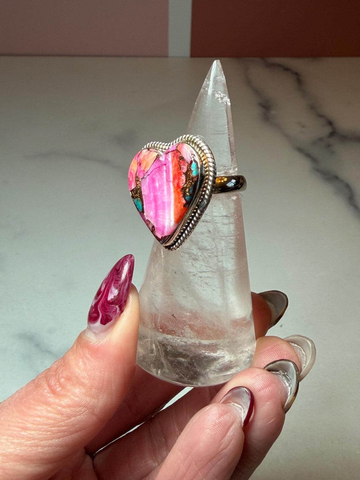 Pink Dahlia Heart Ring • Sterling Silver • Boho Gemstone Jewelry (size 7)