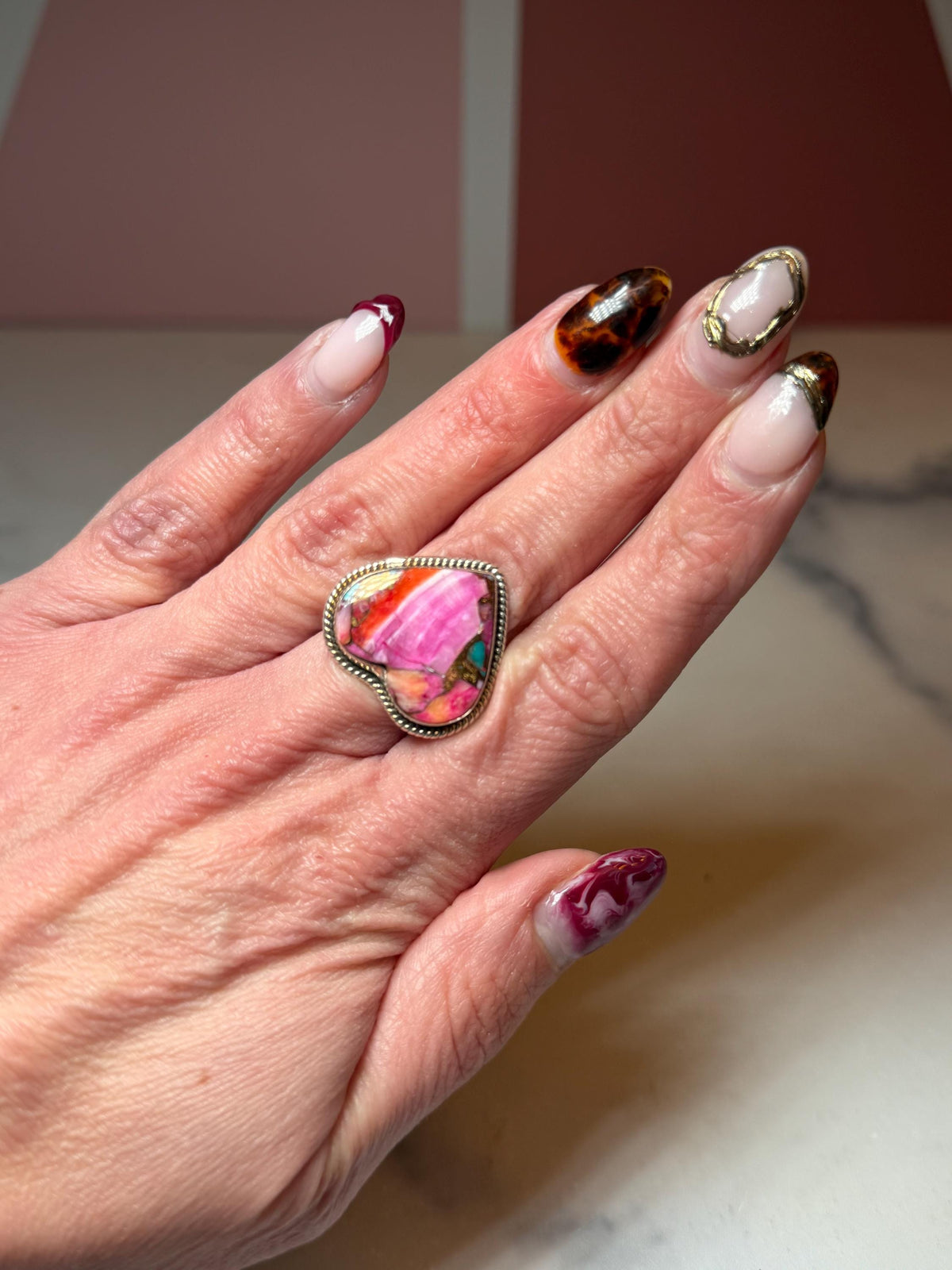 Pink Dahlia Heart Ring • Sterling Silver • Boho Gemstone Jewelry (size 7)
