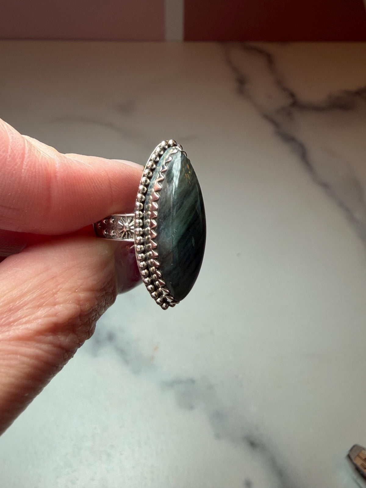 Marquis Labradorite Ring • Sterling Silver • Blue Green Flash Gemstone • Boho Statement Jewelry (size 6.5)