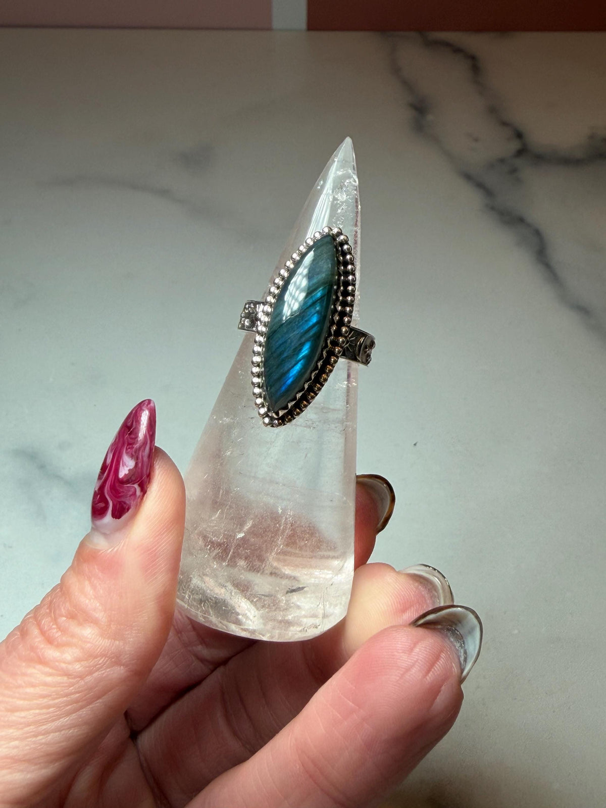 Marquis Labradorite Ring • Sterling Silver • Blue Green Flash Gemstone • Boho Statement Jewelry (size 6.5)