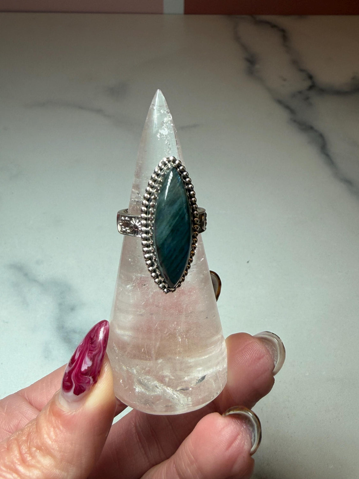 Marquis Labradorite Ring • Sterling Silver • Blue Green Flash Gemstone • Boho Statement Jewelry (size 6.5)
