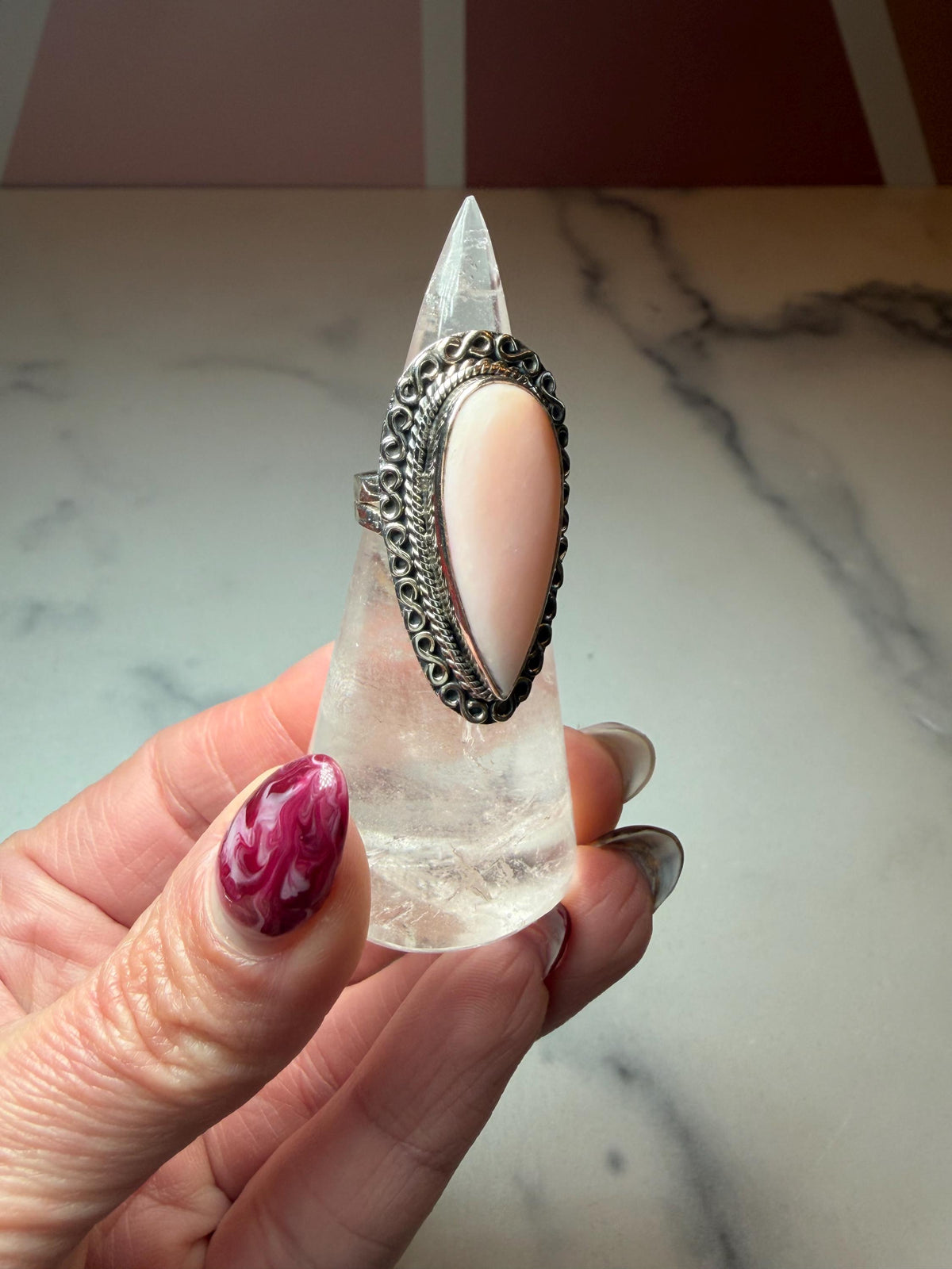 Pink Opal Teardrop Ring • Sterling Silver • Boho Gemstone Jewelry (size 6)