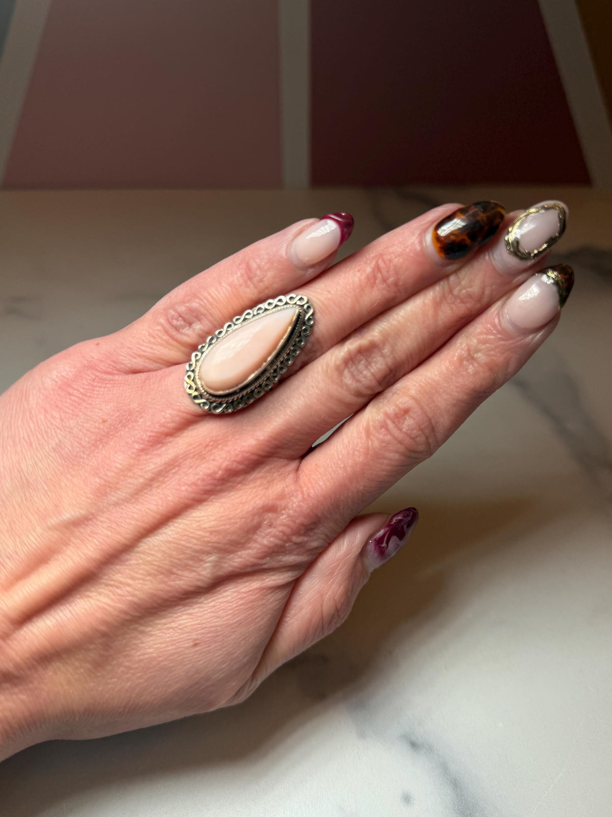 Pink Opal Teardrop Ring • Sterling Silver • Boho Gemstone Jewelry (size 6)