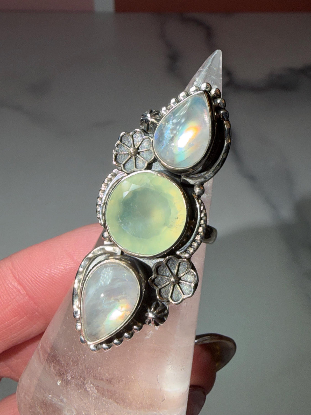Triple Prehnite Moonstone Floral Ring • Sterling Silver Boho Statement Gemstone (Size 7)