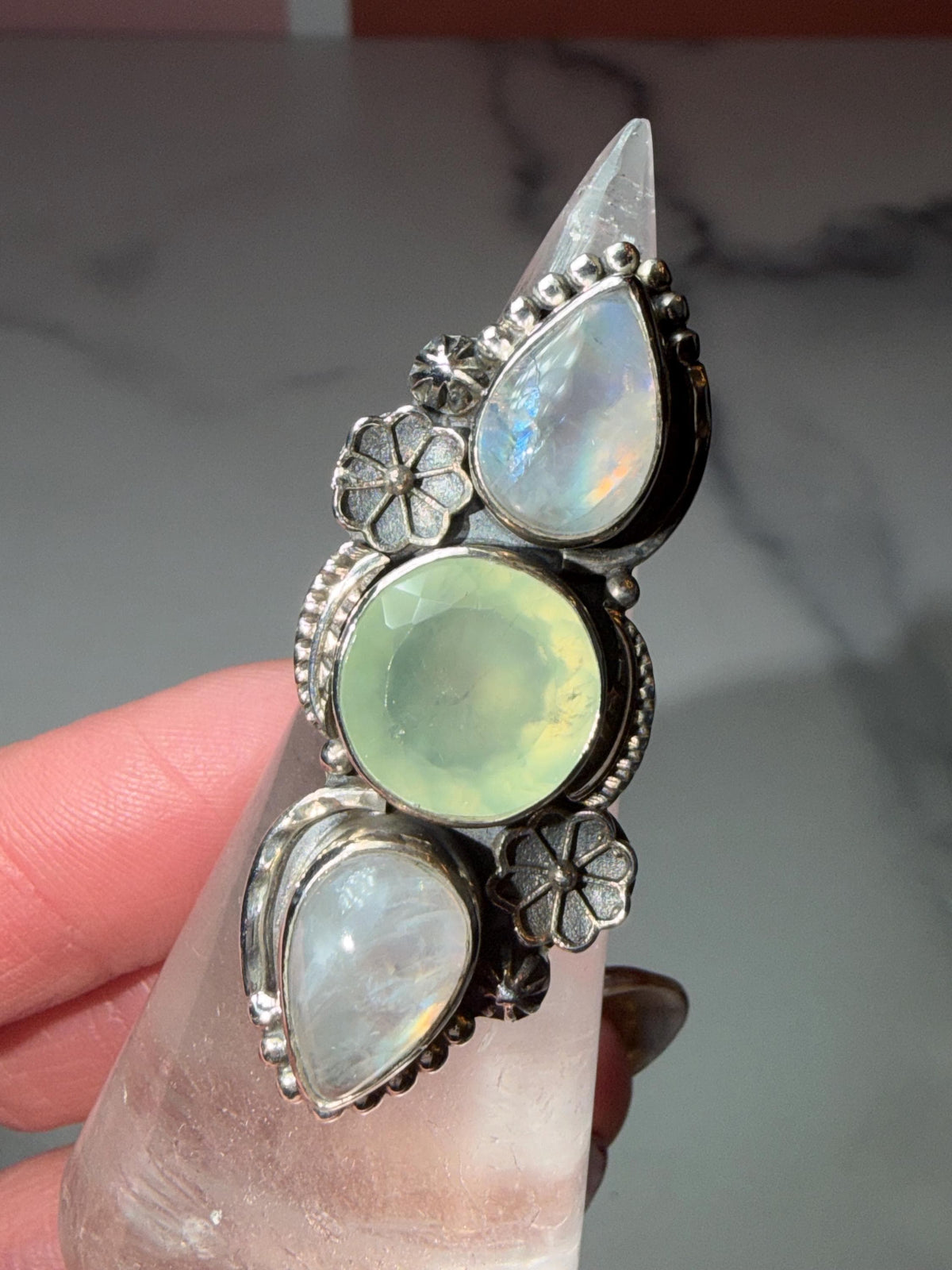 Triple Prehnite Moonstone Floral Ring • Sterling Silver Boho Statement Gemstone (Size 7)
