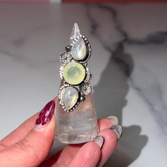 Triple Prehnite Moonstone Floral Ring • Sterling Silver Boho Statement Gemstone (Size 7)