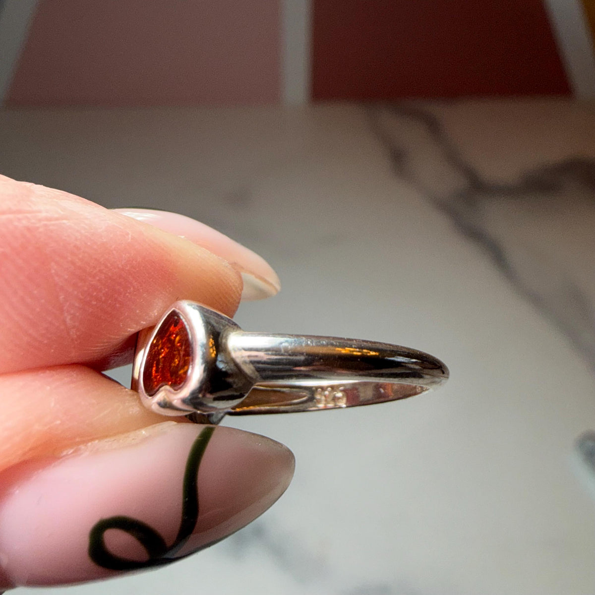 Triple Amber Heart Ring • Sterling Silver 925, Size 6, Warm Gemstone Statement Jewelry
