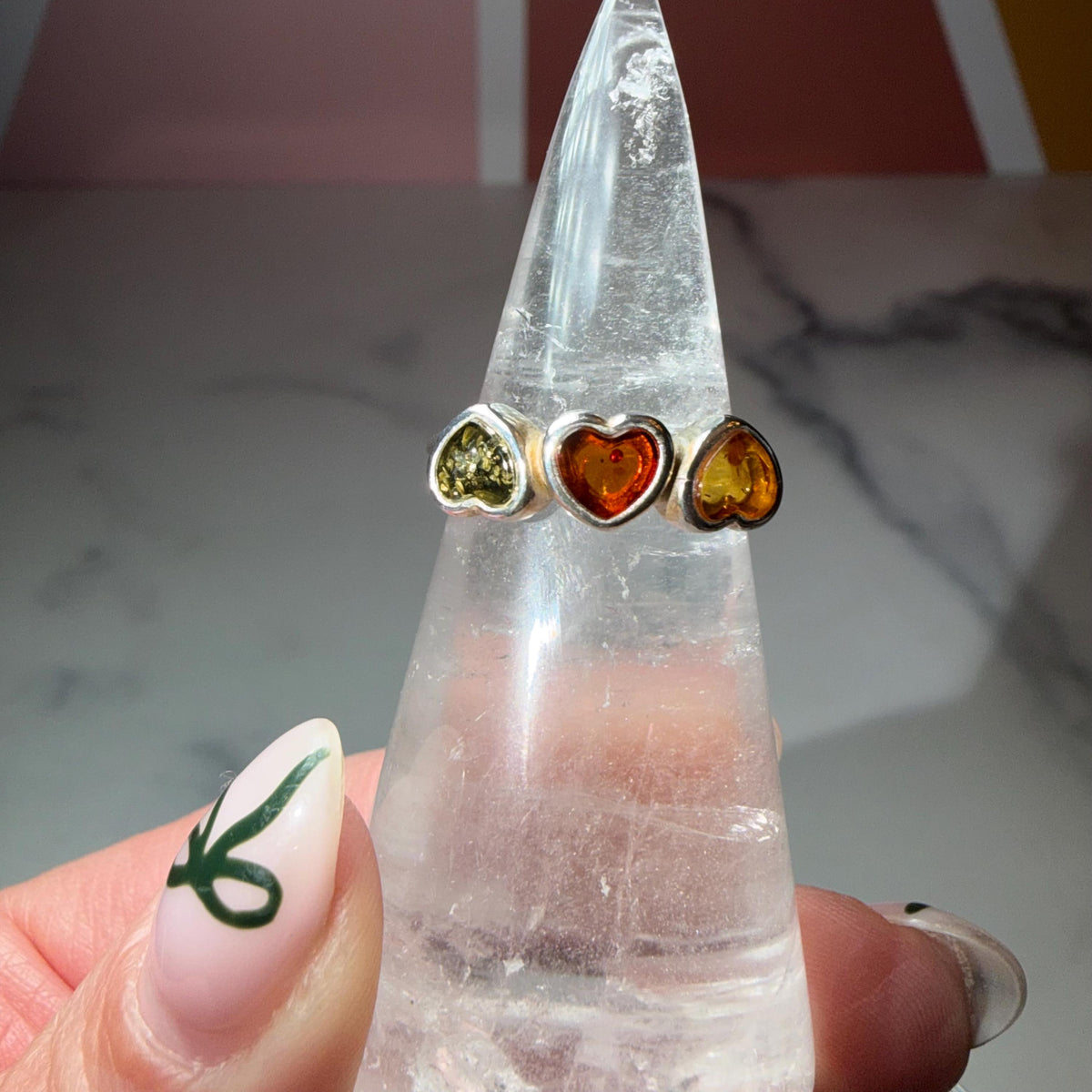 Multi-Stone Amber Heart Sterling Silver Ring • Red, Yellow, Green • Boho Baltic Jewelry Size 6.75