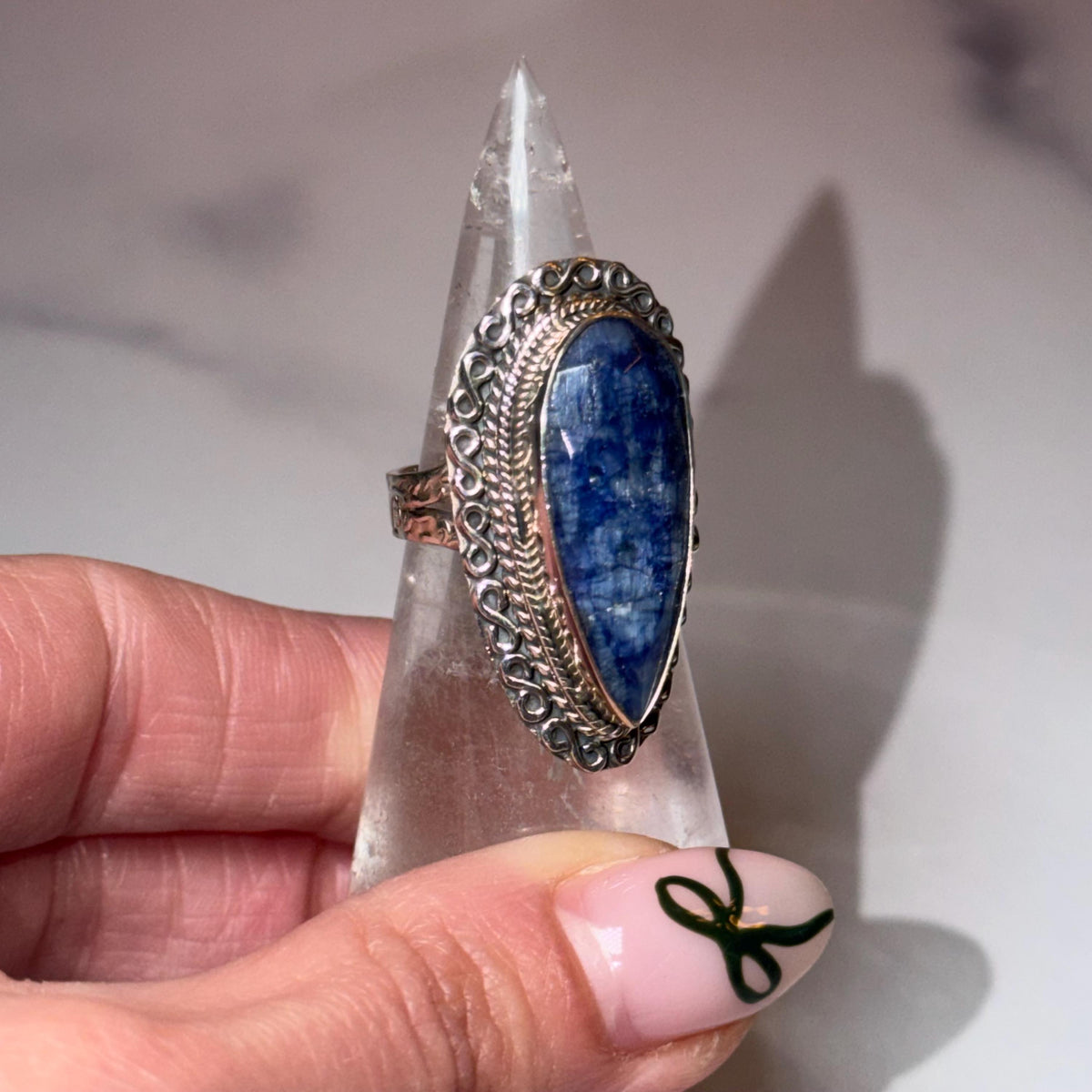 Large Blue Kyanite Statement Ring • Sterling Silver Double Shank Band (Size 7)