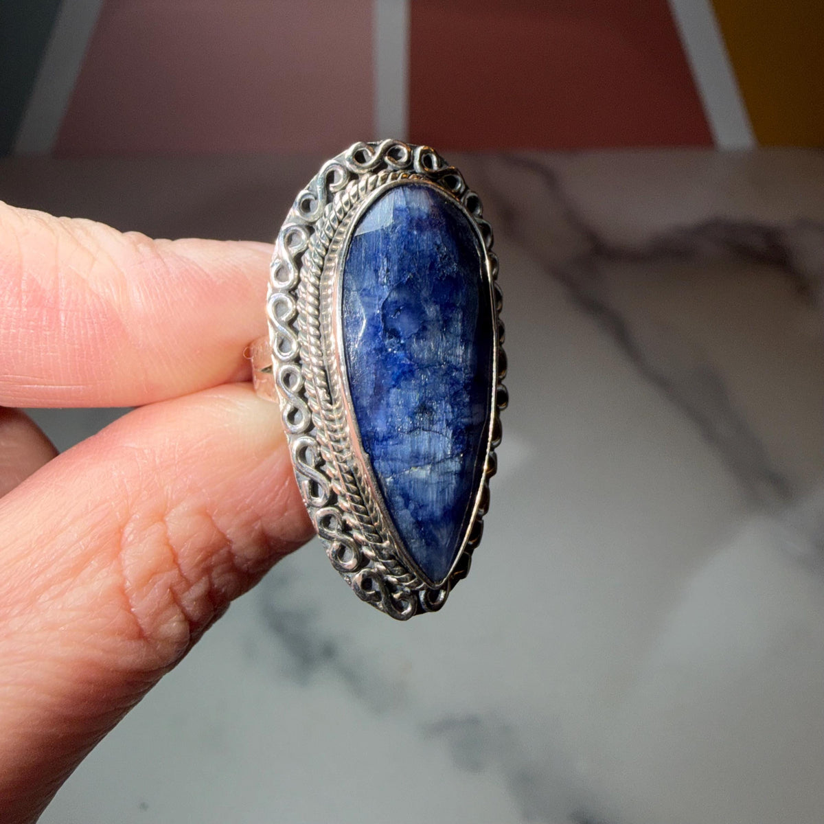 Large Blue Kyanite Statement Ring • Sterling Silver Double Shank Band (Size 7)
