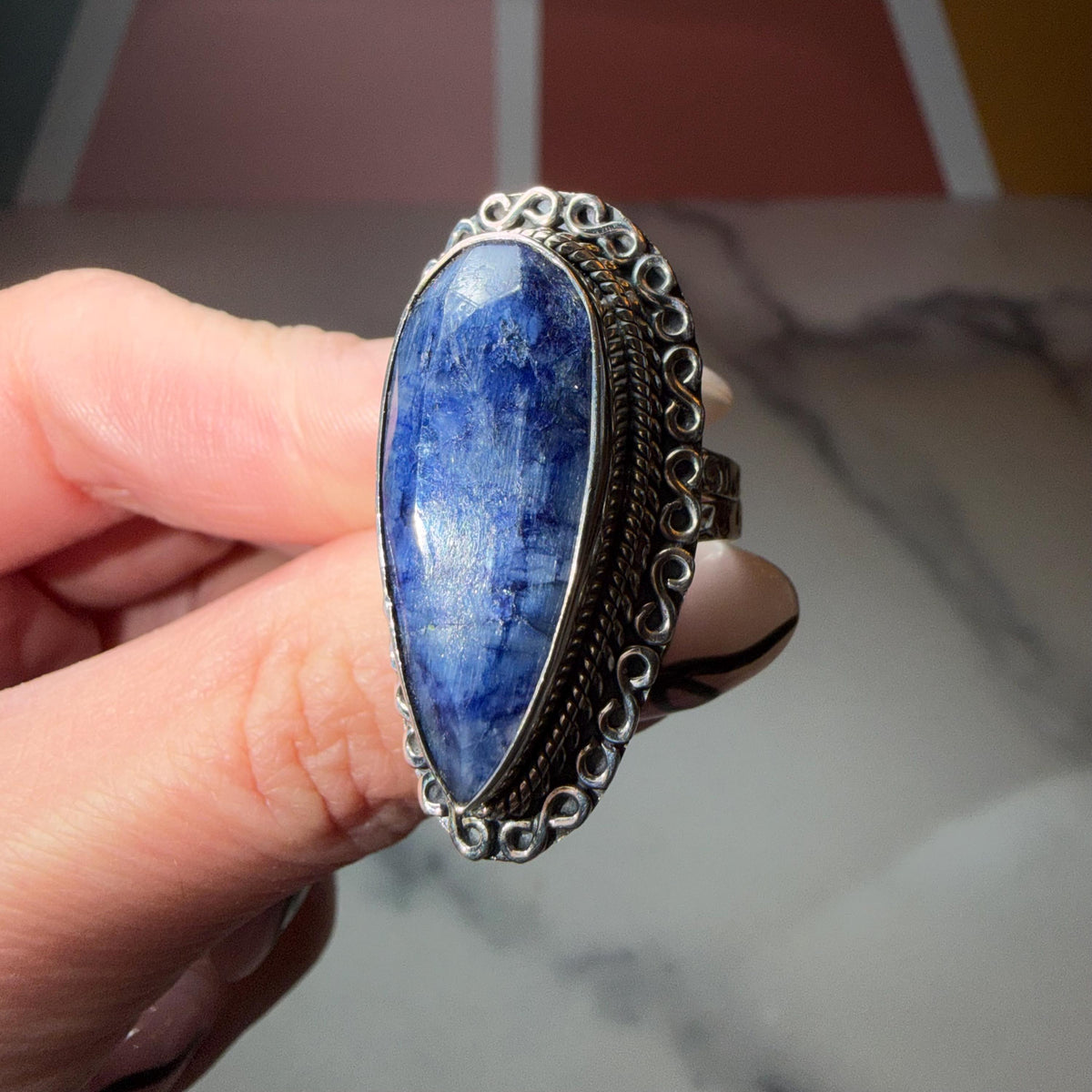 Large Blue Kyanite Statement Ring • Sterling Silver Double Shank Band (Size 7)