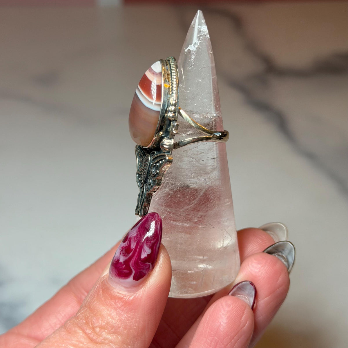 Botswana Agate Luna Moth Ring • Sterling Silver • Celestial Boho Statement Jewelry (size 7)