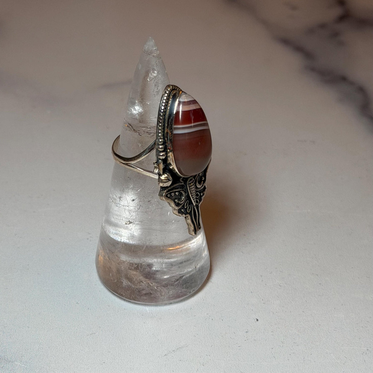 Botswana Agate Luna Moth Ring • Sterling Silver • Celestial Boho Statement Jewelry (size 7)