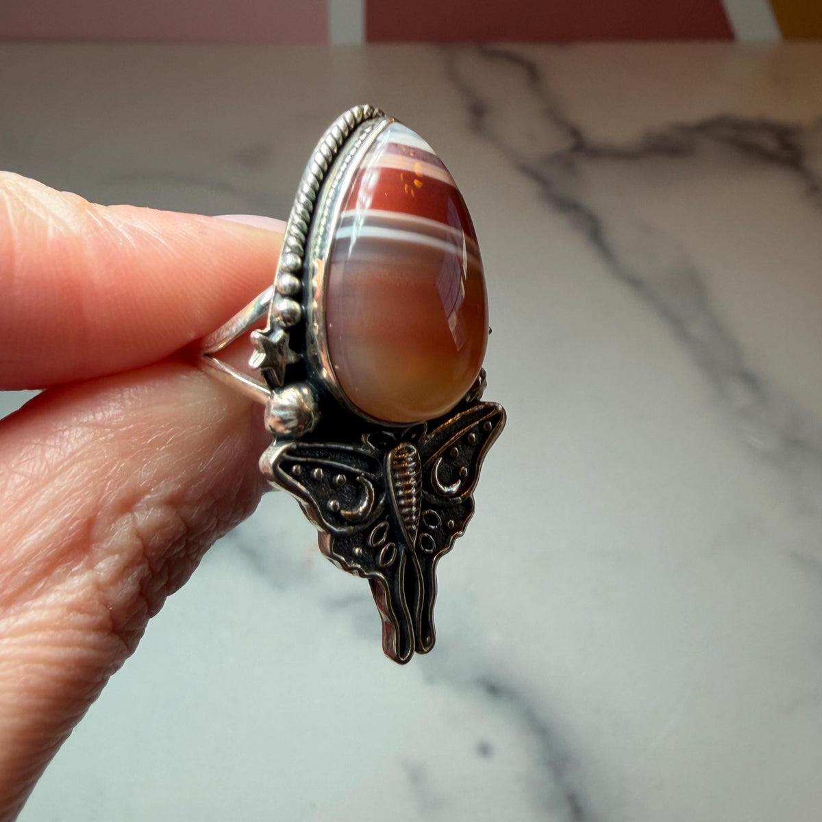 Botswana Agate Luna Moth Ring • Sterling Silver • Celestial Boho Statement Jewelry (size 7)