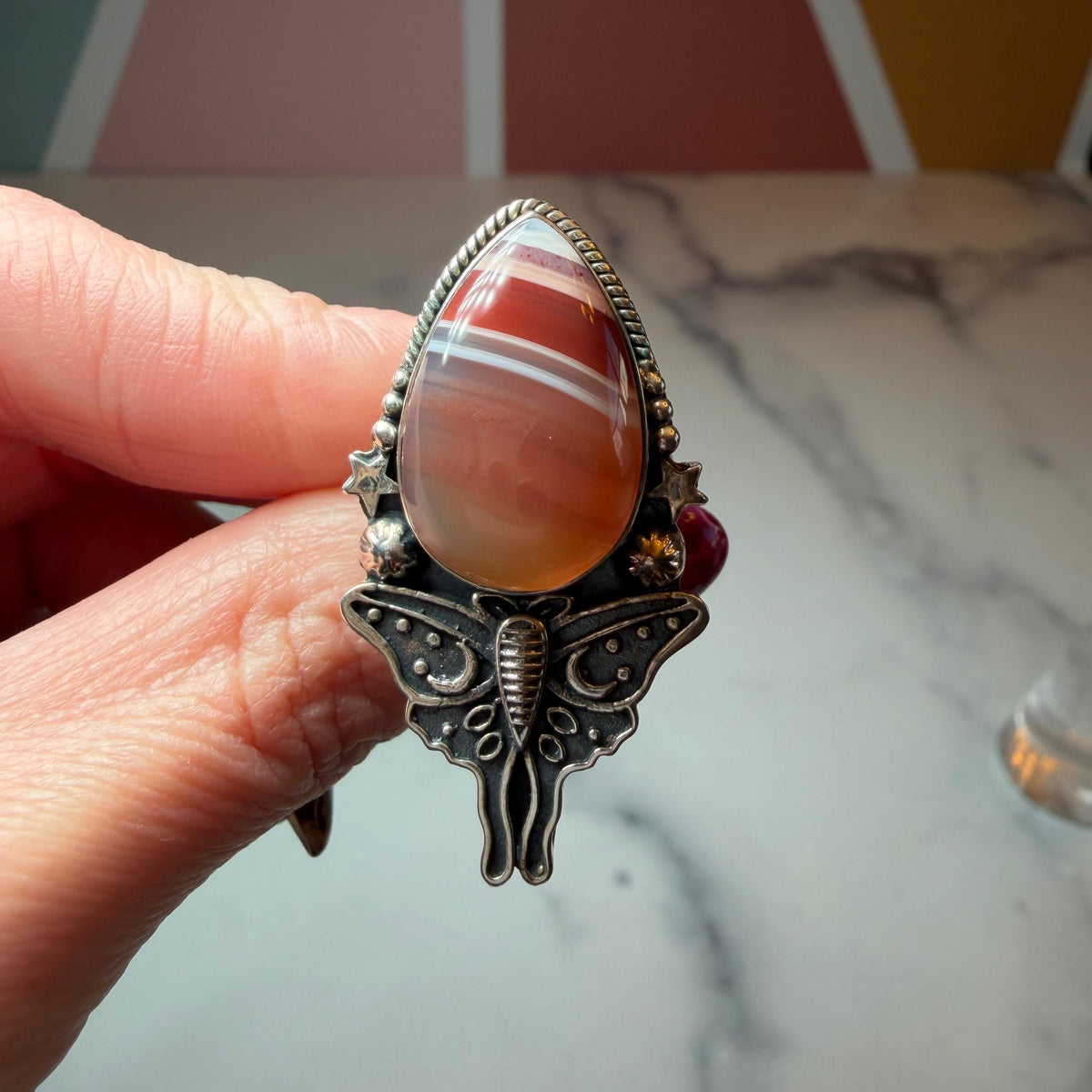 Botswana Agate Luna Moth Ring • Sterling Silver • Celestial Boho Statement Jewelry (size 7)