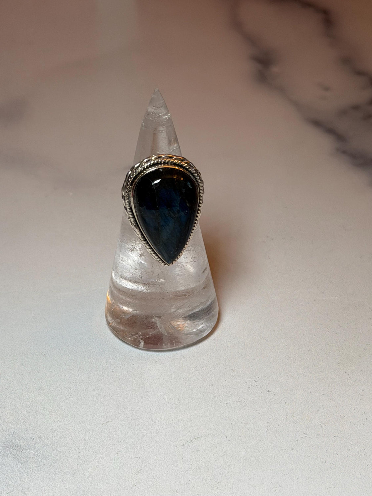 Blue Flash Labradorite Teardrop Ring • Sterling Silver • Boho Gemstone Jewelry (size 6)