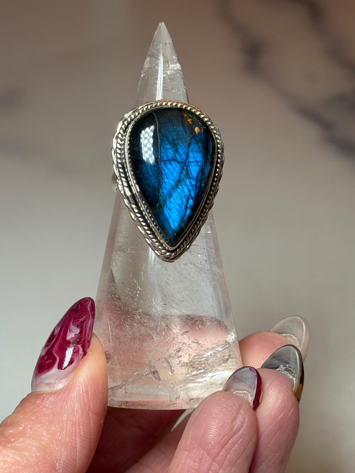 Blue Flash Labradorite Teardrop Ring • Sterling Silver • Boho Gemstone Jewelry (size 6)