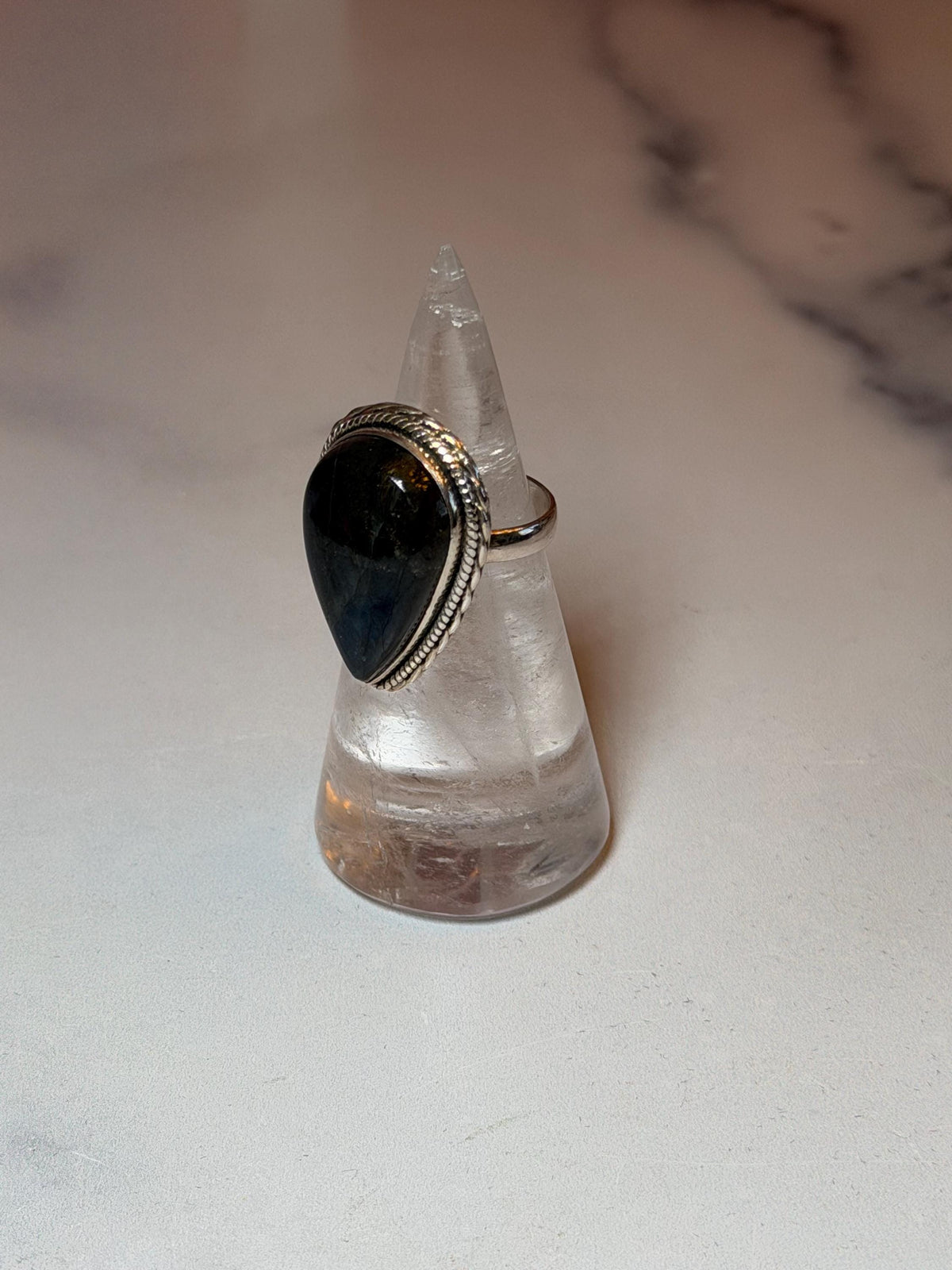 Blue Flash Labradorite Teardrop Ring • Sterling Silver • Boho Gemstone Jewelry (size 6)