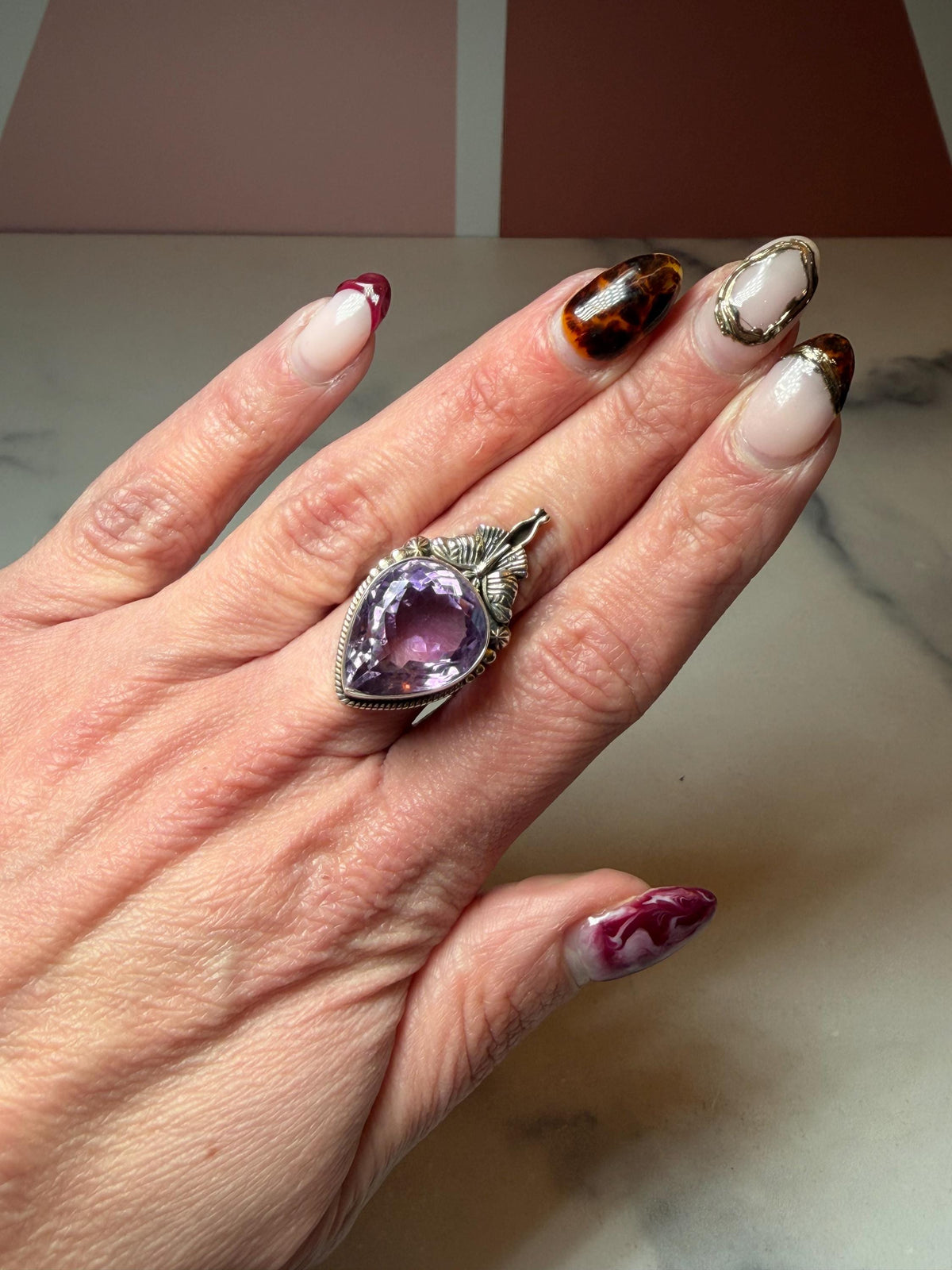 Faceted Amethyst Luna Moth Ring • Sterling Silver • Gothic Boho Crystal Statement Jewelry (size 7)
