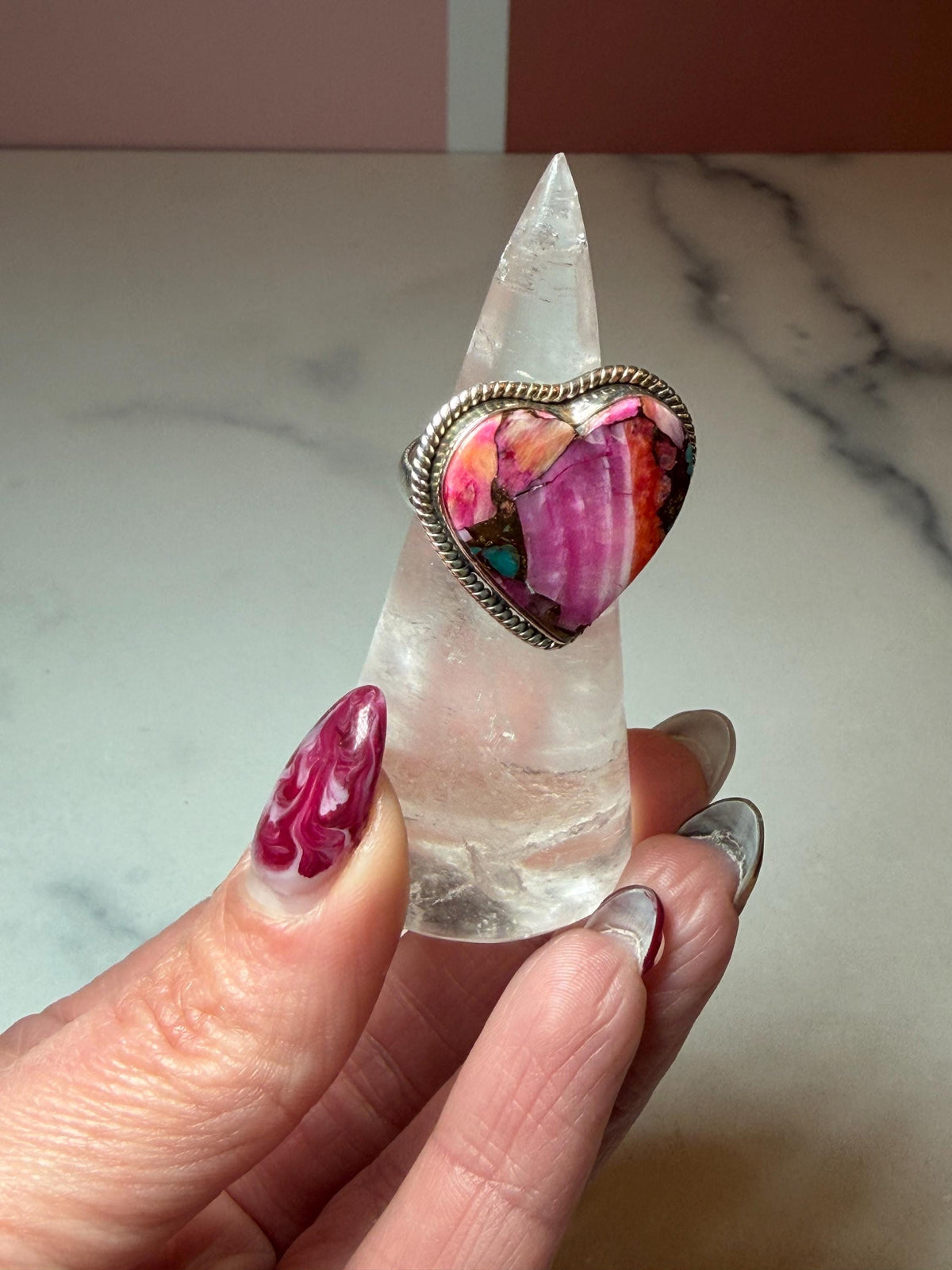 Pink Dahlia Heart Ring • Sterling Silver • Boho Gemstone Jewelry (size 7)