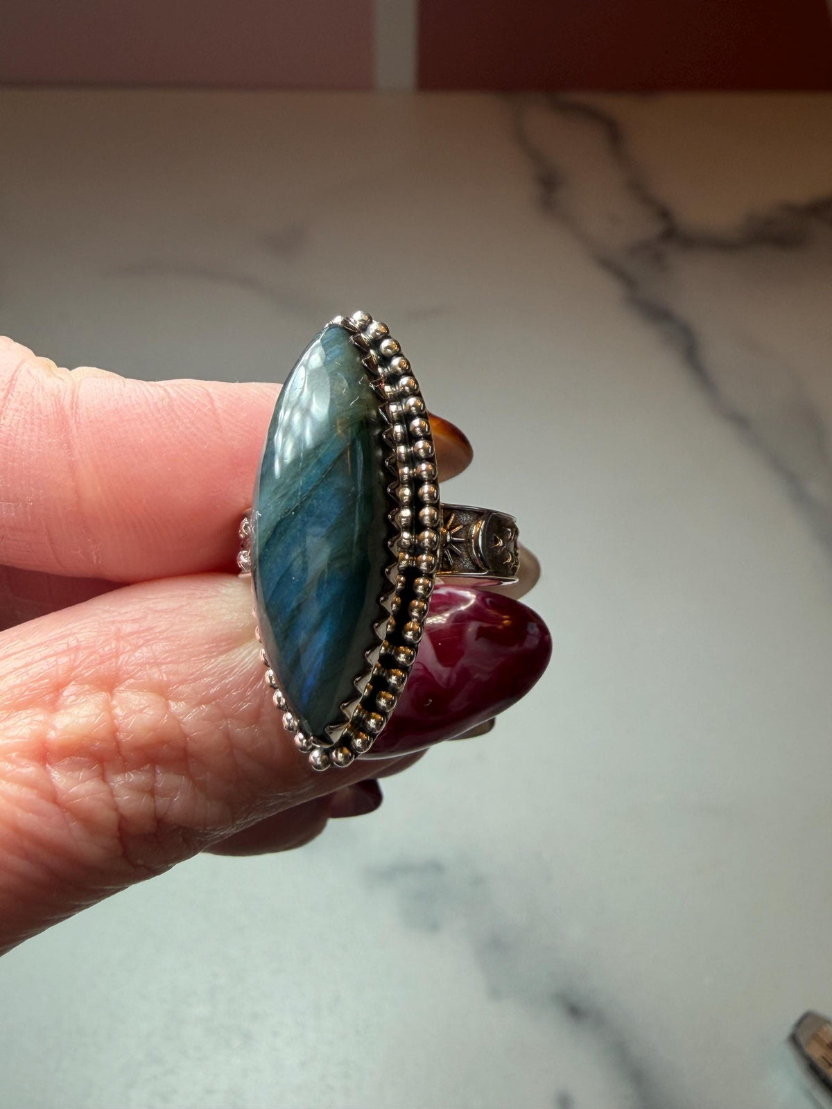 Marquis Labradorite Ring • Sterling Silver • Blue Green Flash Gemstone • Boho Statement Jewelry (size 6.5)