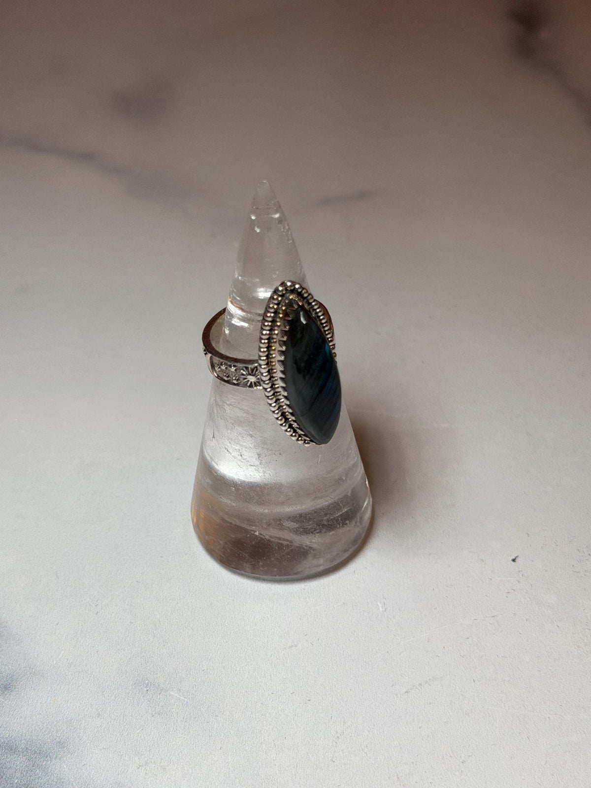 Marquis Labradorite Ring • Sterling Silver • Blue Green Flash Gemstone • Boho Statement Jewelry (size 6.5)