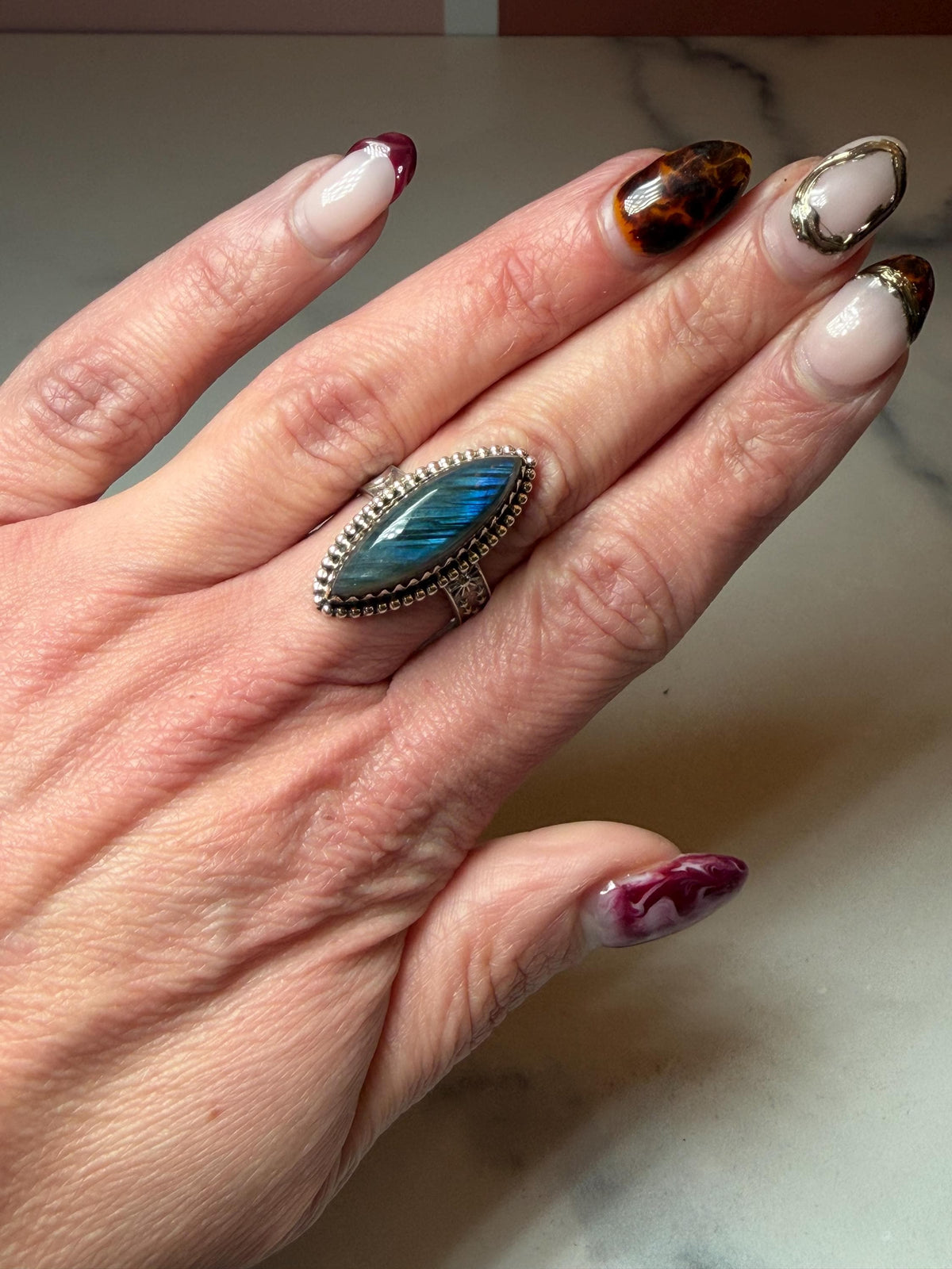 Marquis Labradorite Ring • Sterling Silver • Blue Green Flash Gemstone • Boho Statement Jewelry (size 6.5)