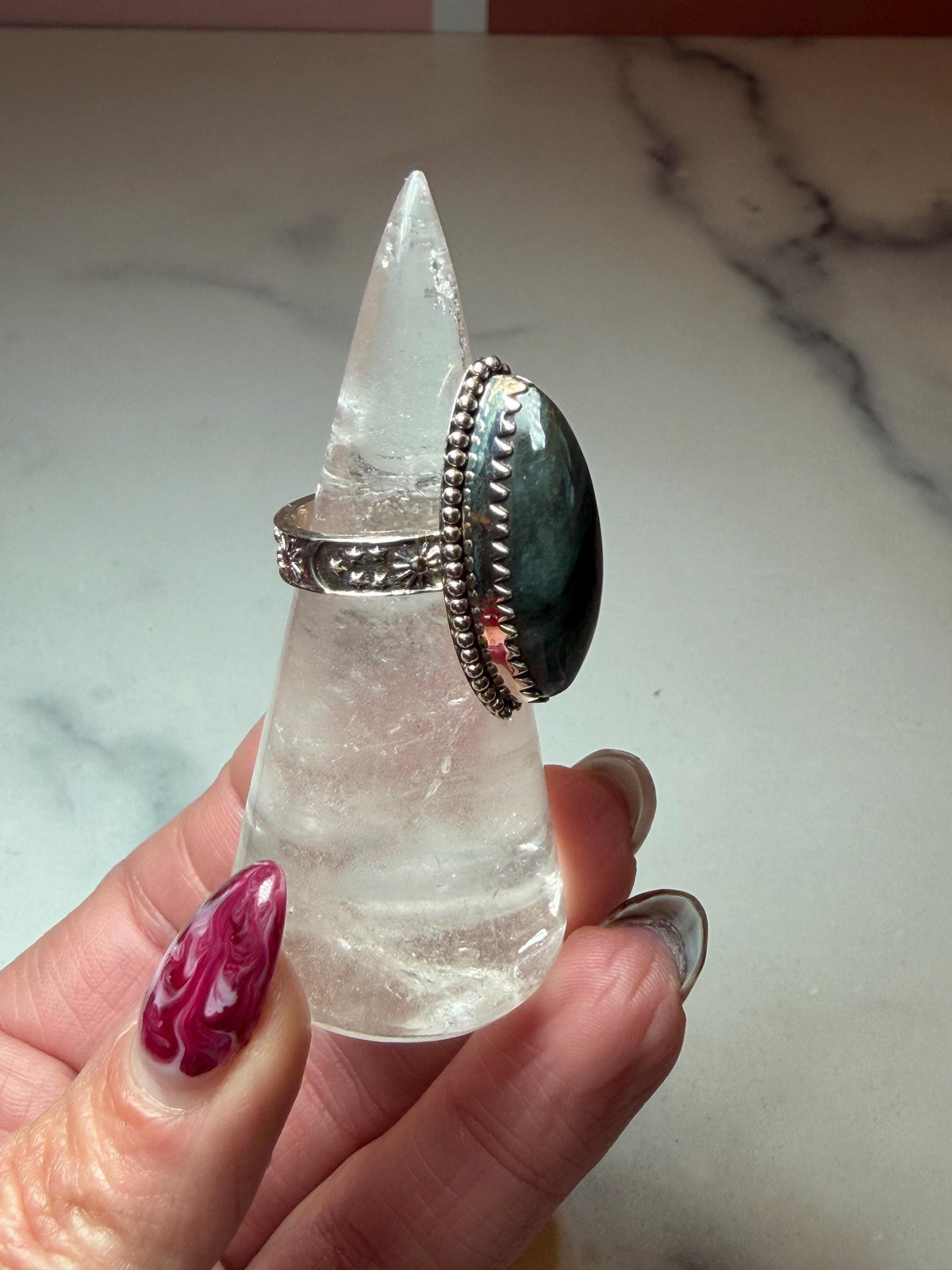 Marquis Labradorite Ring • Sterling Silver • Blue Green Flash Gemstone • Boho Statement Jewelry (size 6.5)